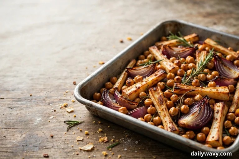 A metal sheet pan on a wooden table holds roasted chickpeas, golden parsnip sticks, red onion wedges and rosemary sprigs with caramelized edges