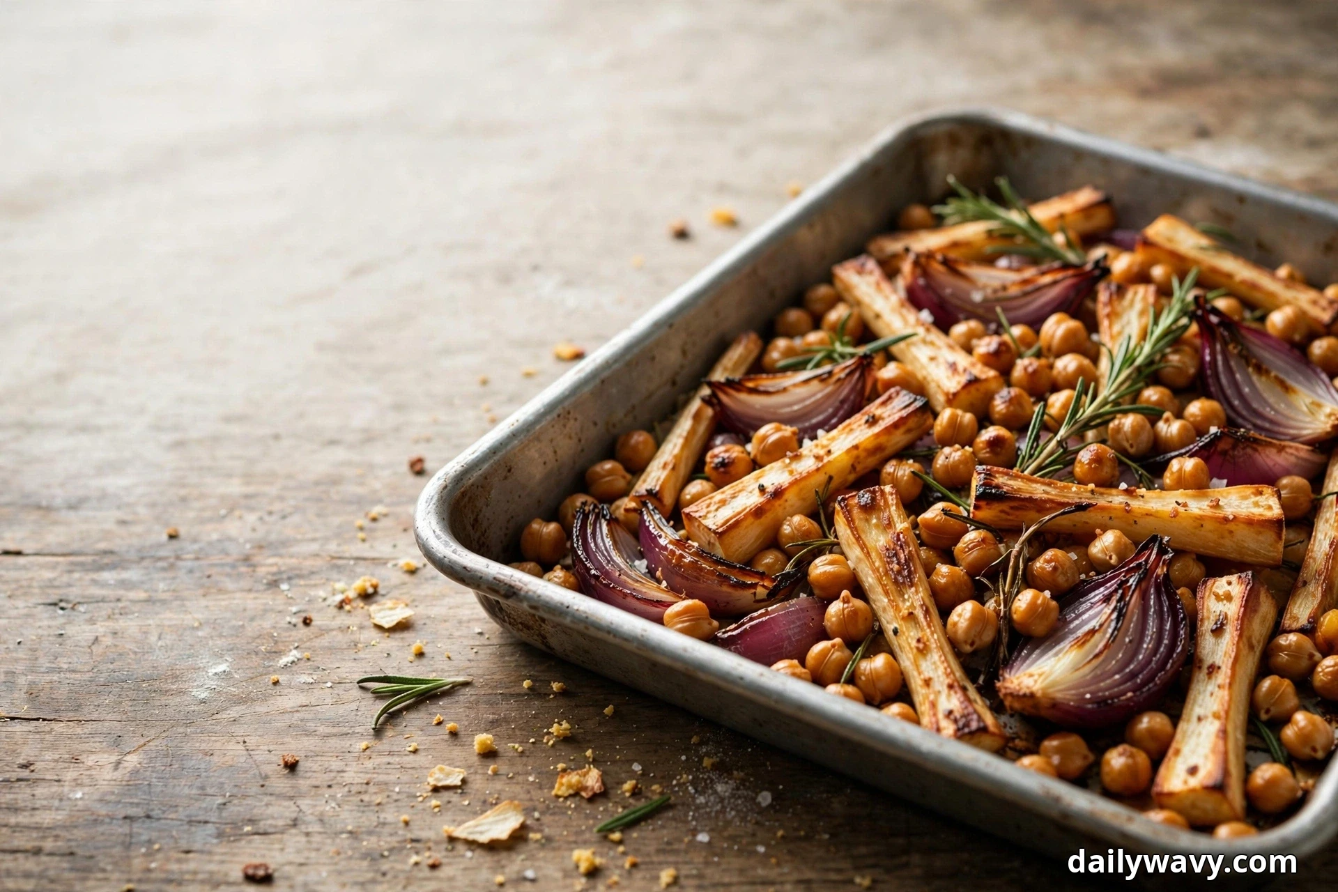 A metal sheet pan on a wooden table holds roasted chickpeas, golden parsnip sticks, red onion wedges and rosemary sprigs with caramelized edges