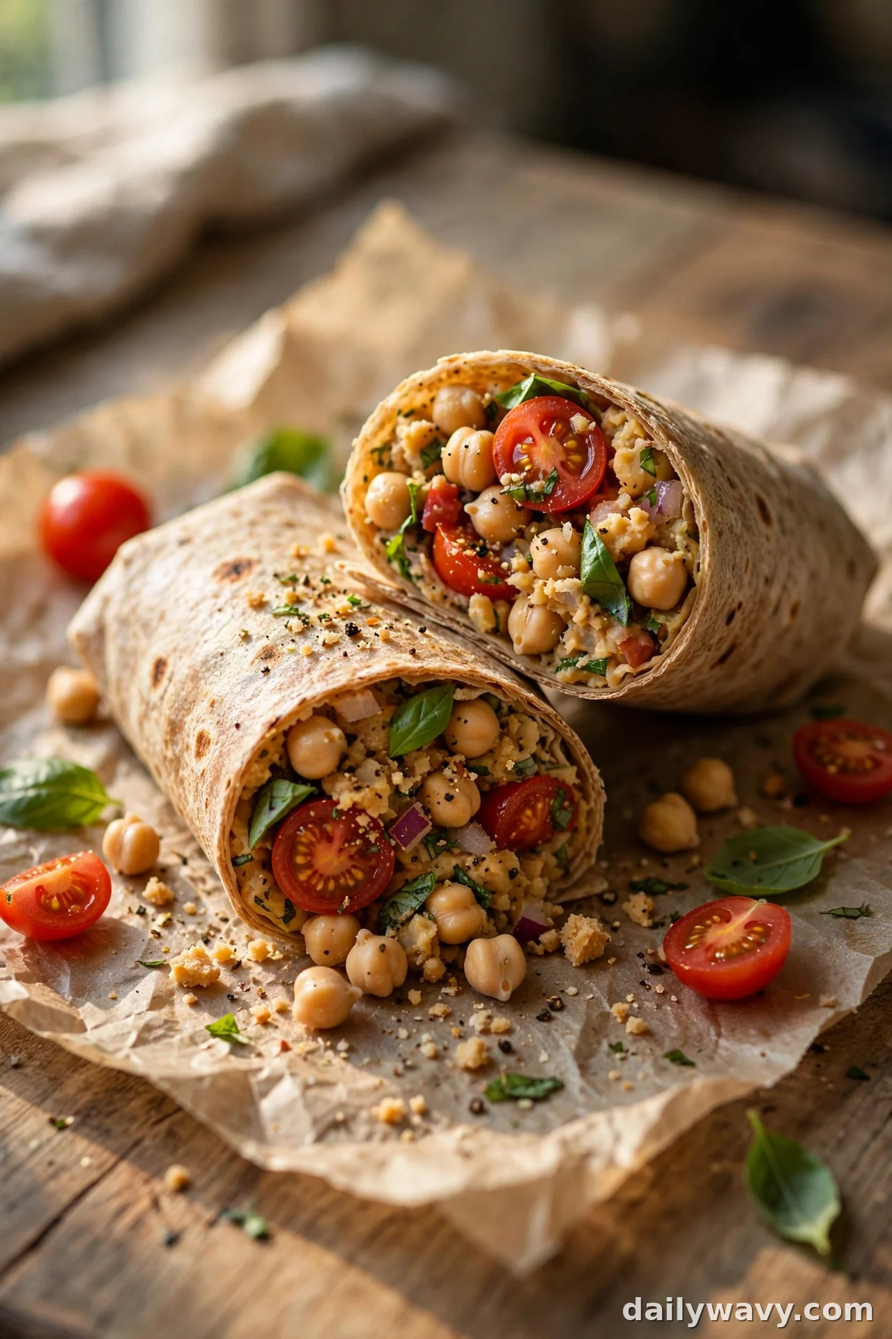Cut chickpea wrap with tomato and basil filling, cherry tomatoes and chickpeas in cross-section
