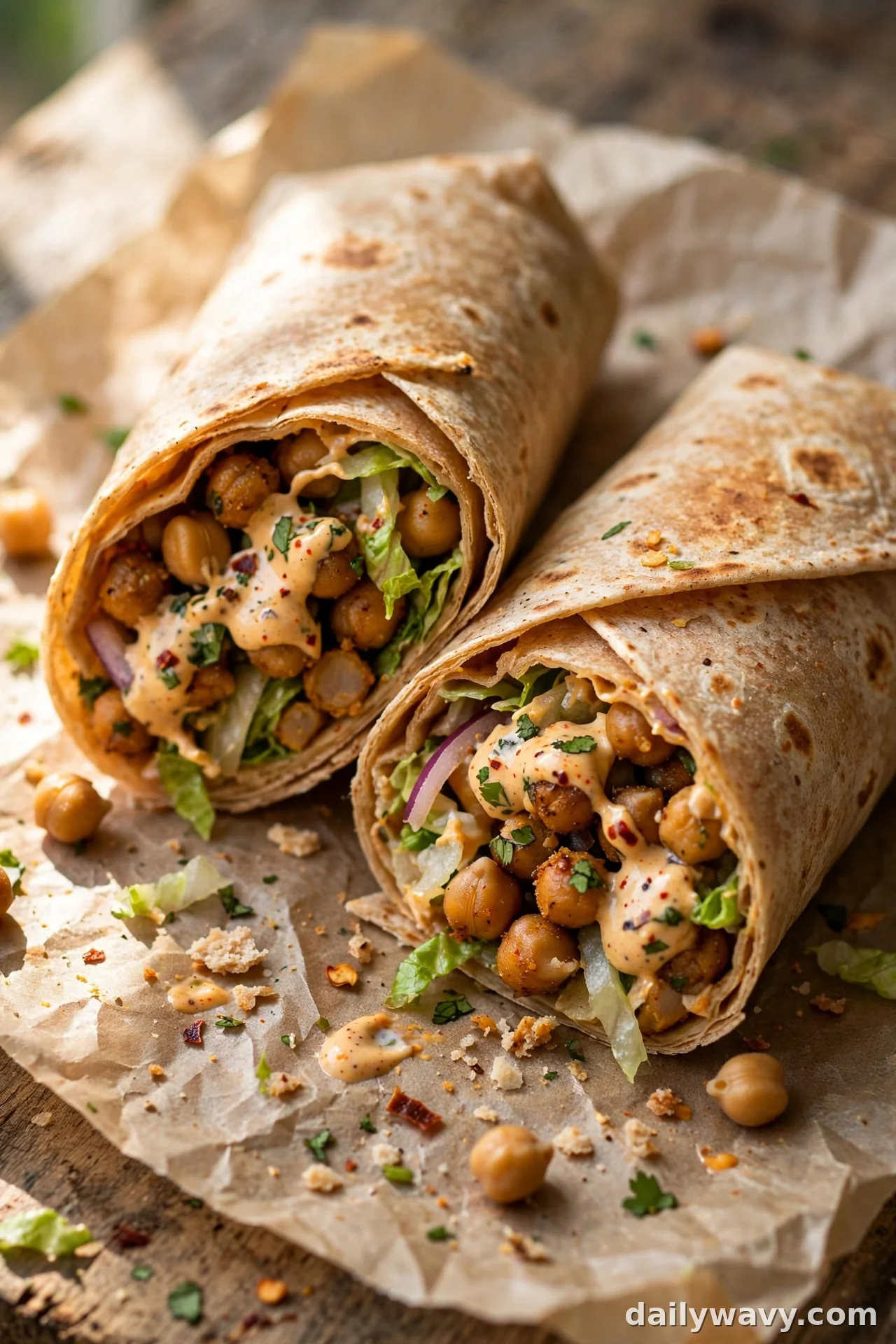 Chickpea wrap with lettuce and chipotle crema drizzled over roasted chickpeas