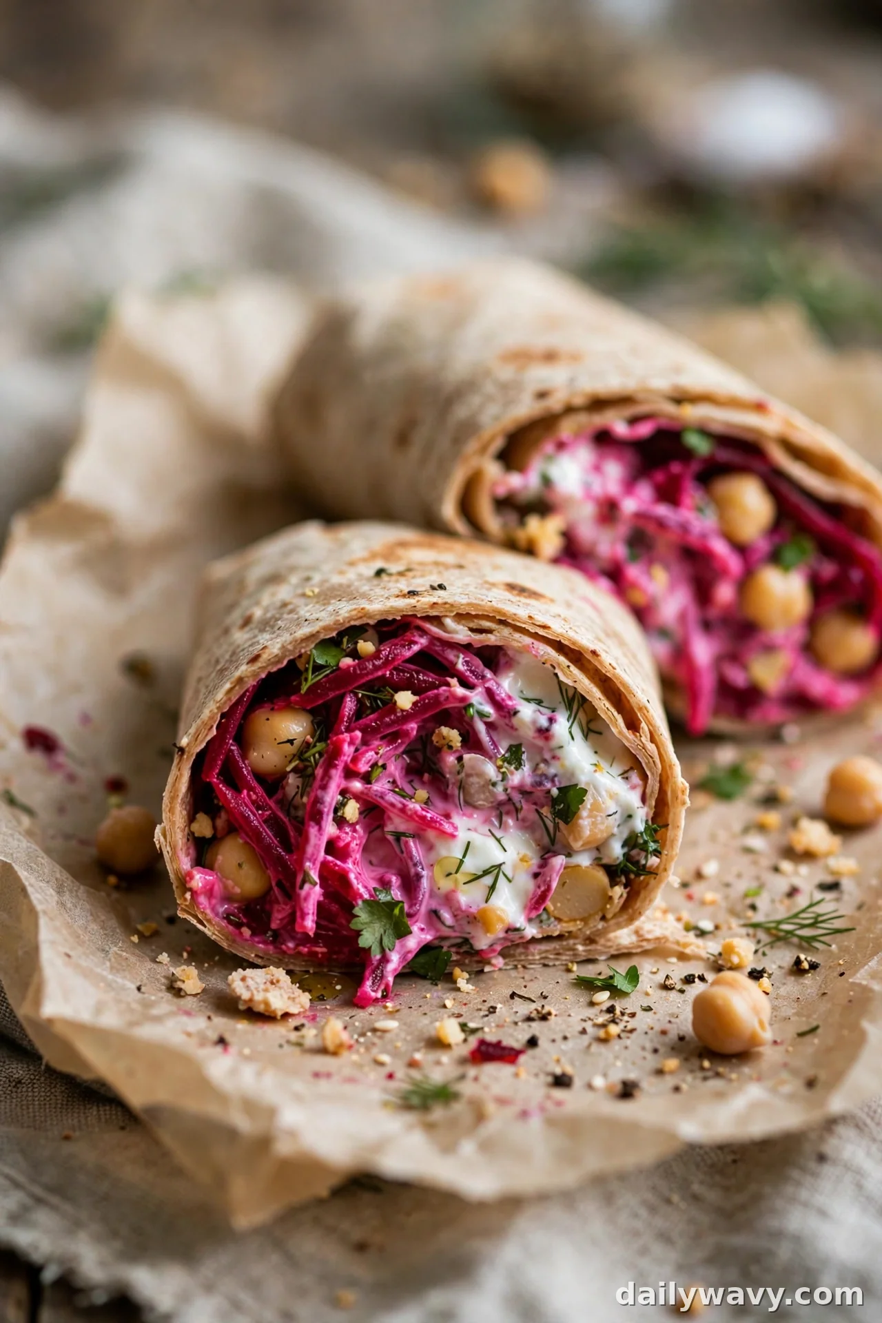 Cut chickpea wrap with magenta beetroot and yogurt filling