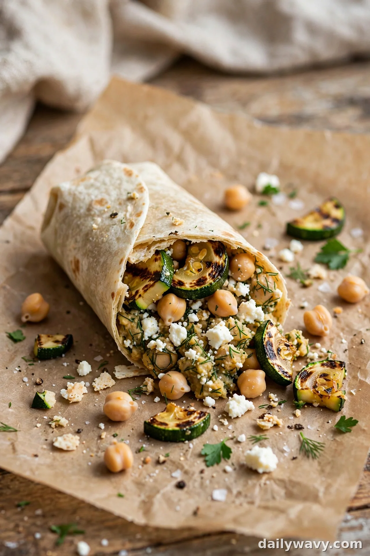 Chickpea wrap with seared zucchini slices, crumbled feta and chickpeas