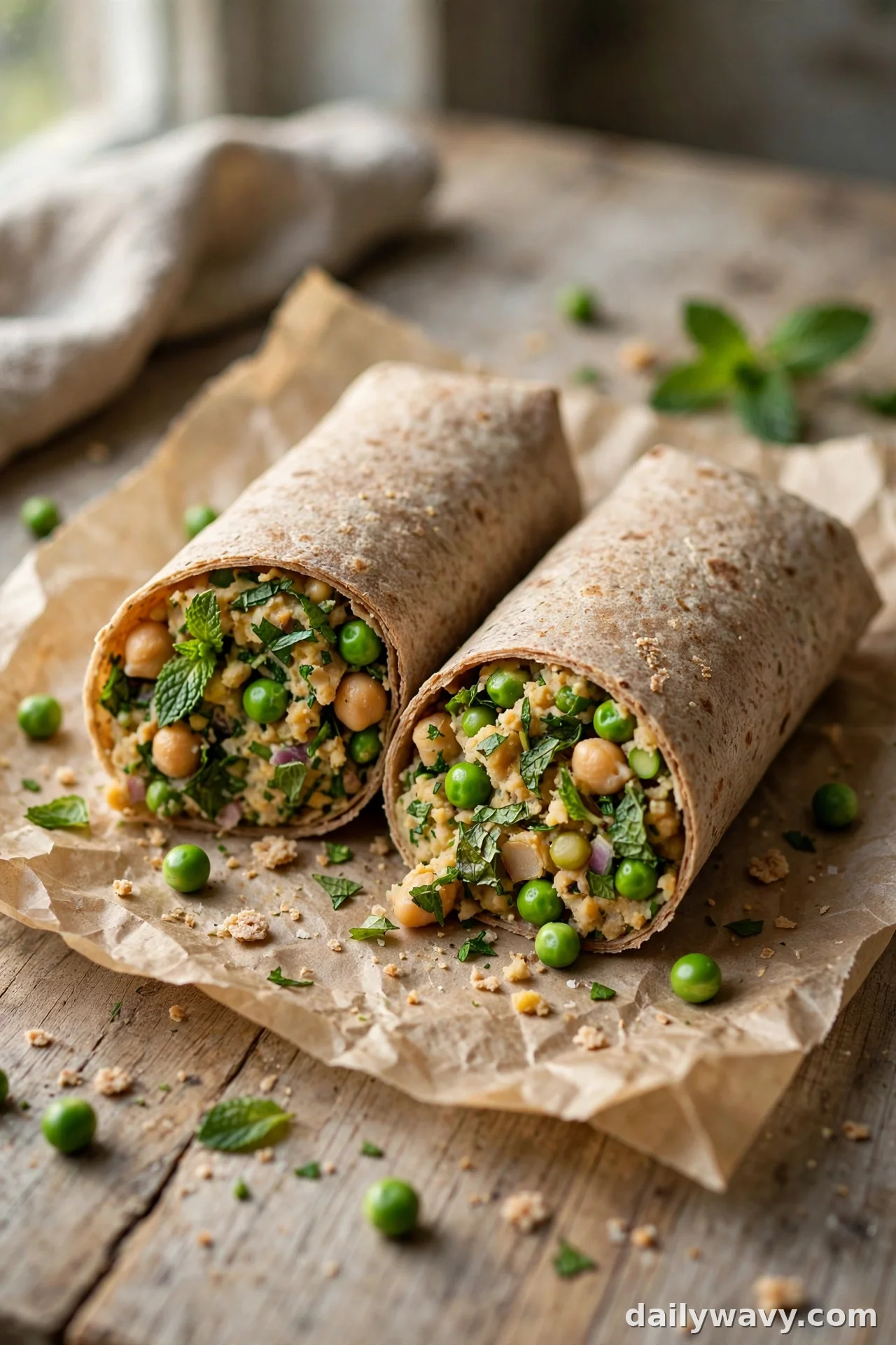 Chickpea wrap with green peas and fresh mint leaves in cross-section