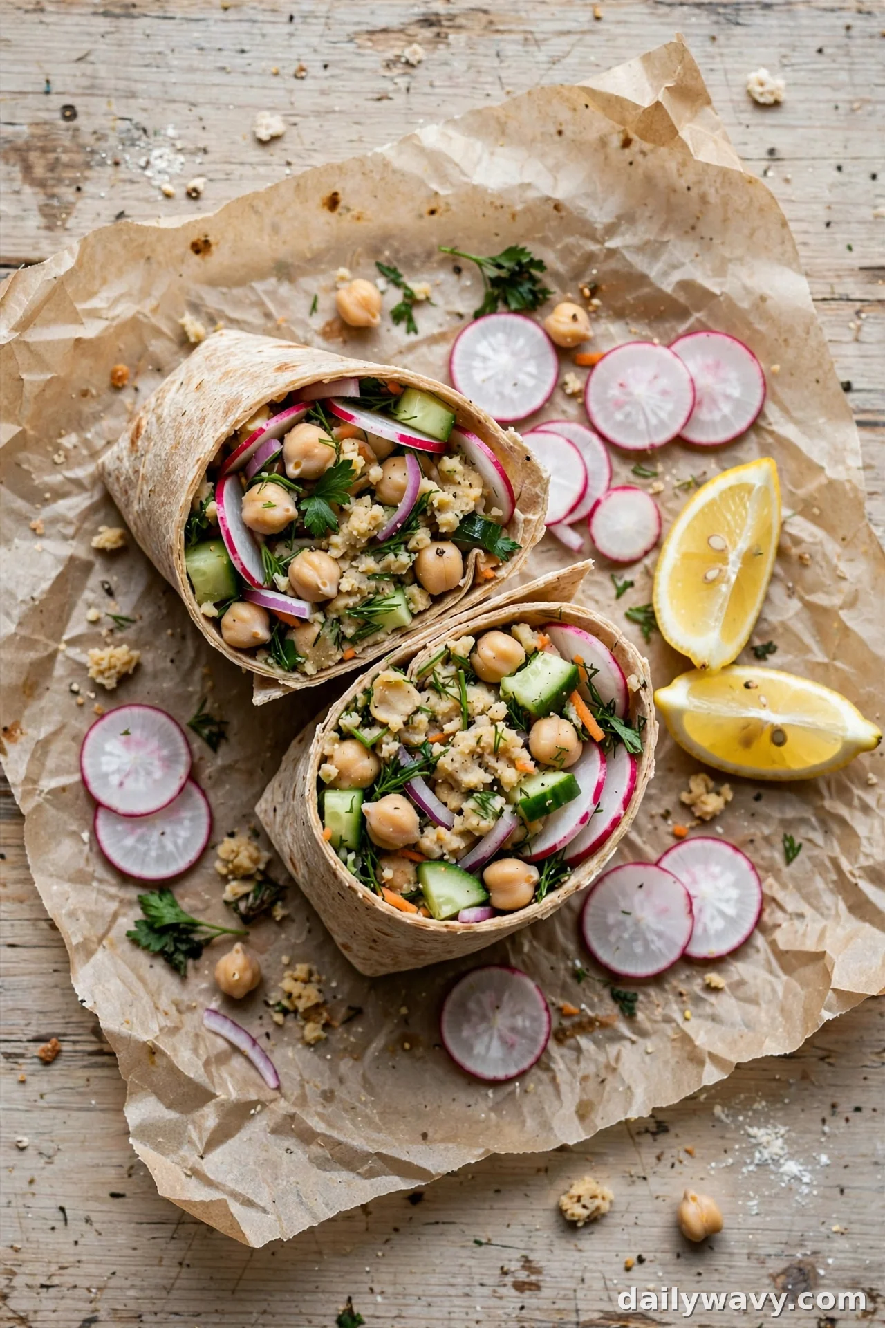 Overhead chickpea wrap with thinly sliced radishes, lemon wedges and herbs