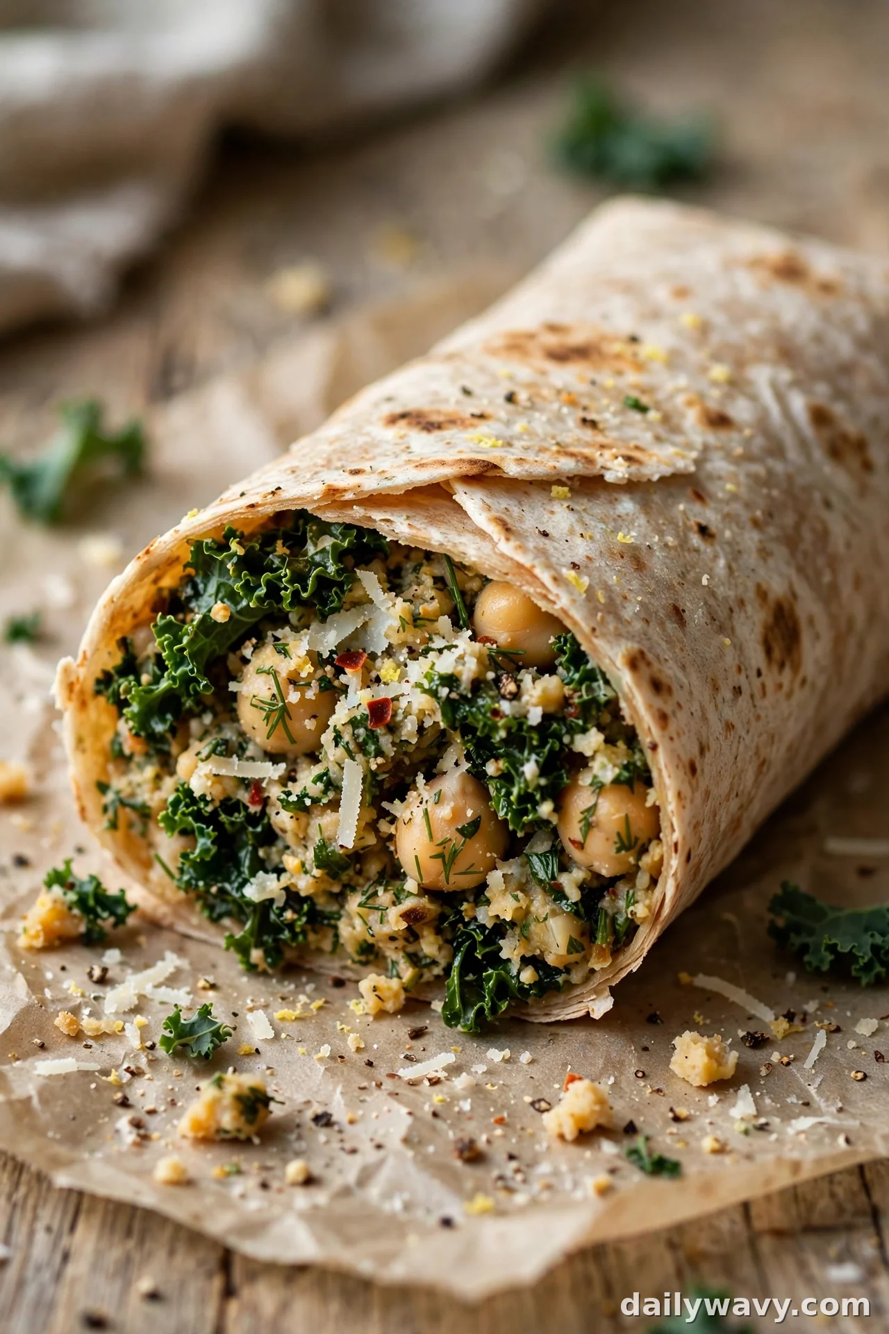 Chickpea wrap with massaged kale, parmesan shavings and chickpeas
