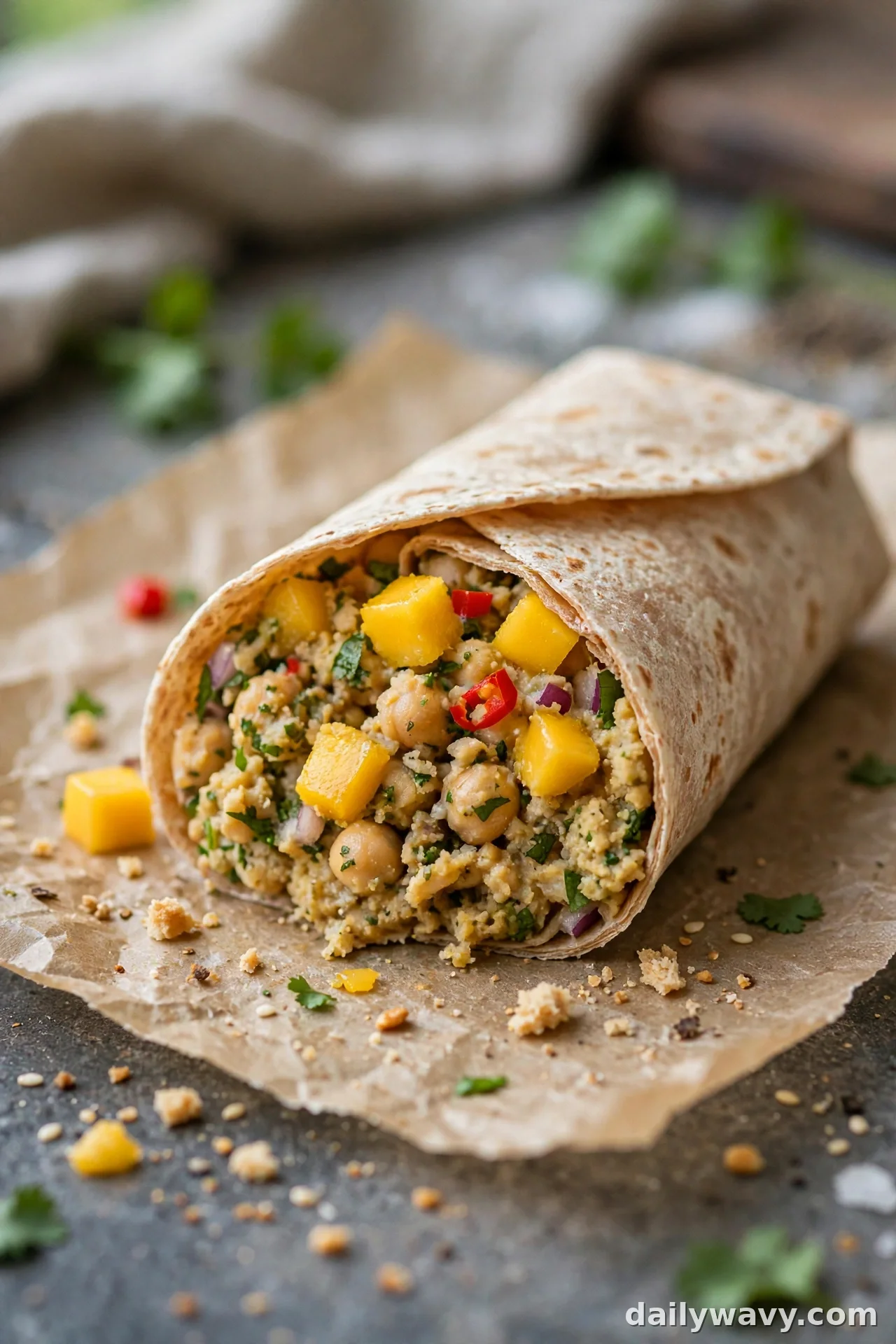 Chickpea wrap with diced mango, red chili slices and chickpea filling