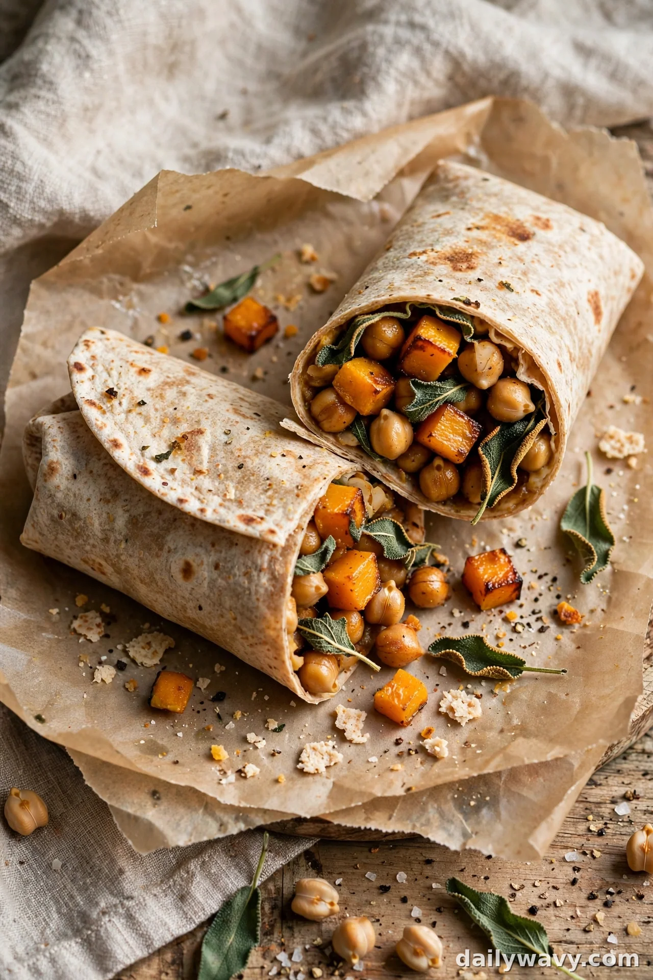 Chickpea wrap with roasted butternut squash cubes, crispy sage and chickpeas