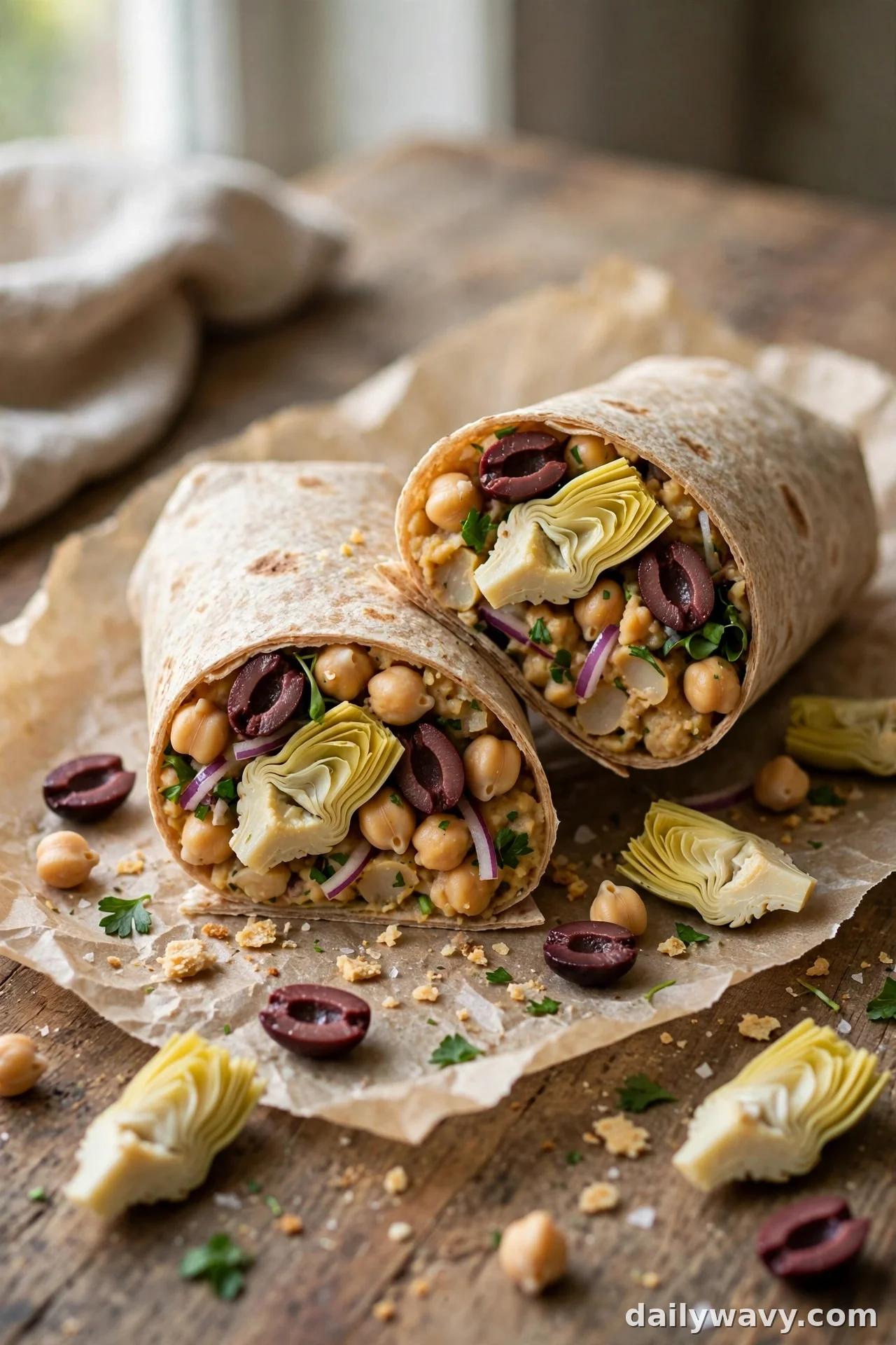 Chickpea wrap with artichoke hearts, Kalamata olives and chickpeas