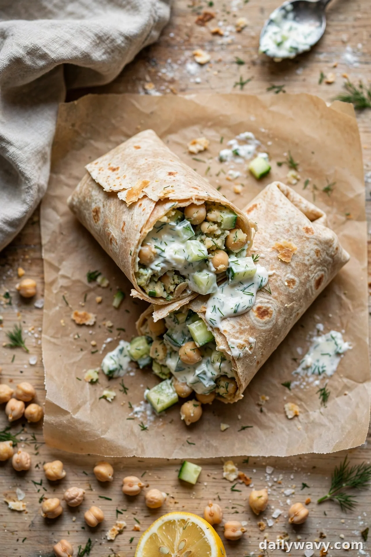 Chickpea wrap with cucumber and dill yogurt sauce spilling from the cut end