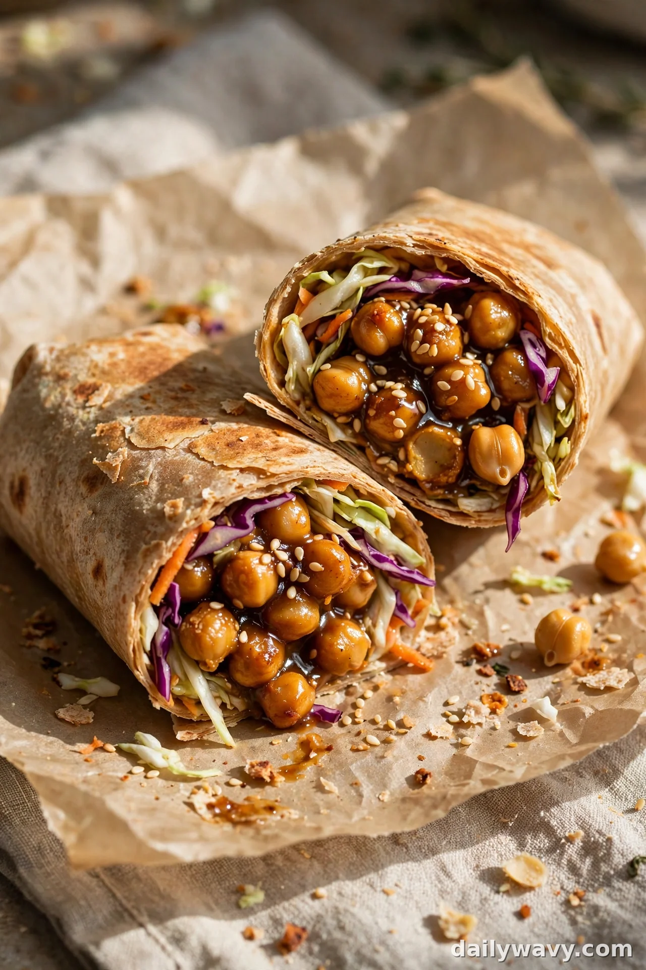 Chickpea wrap with shredded cabbage, sesame sauce and sesame seeds