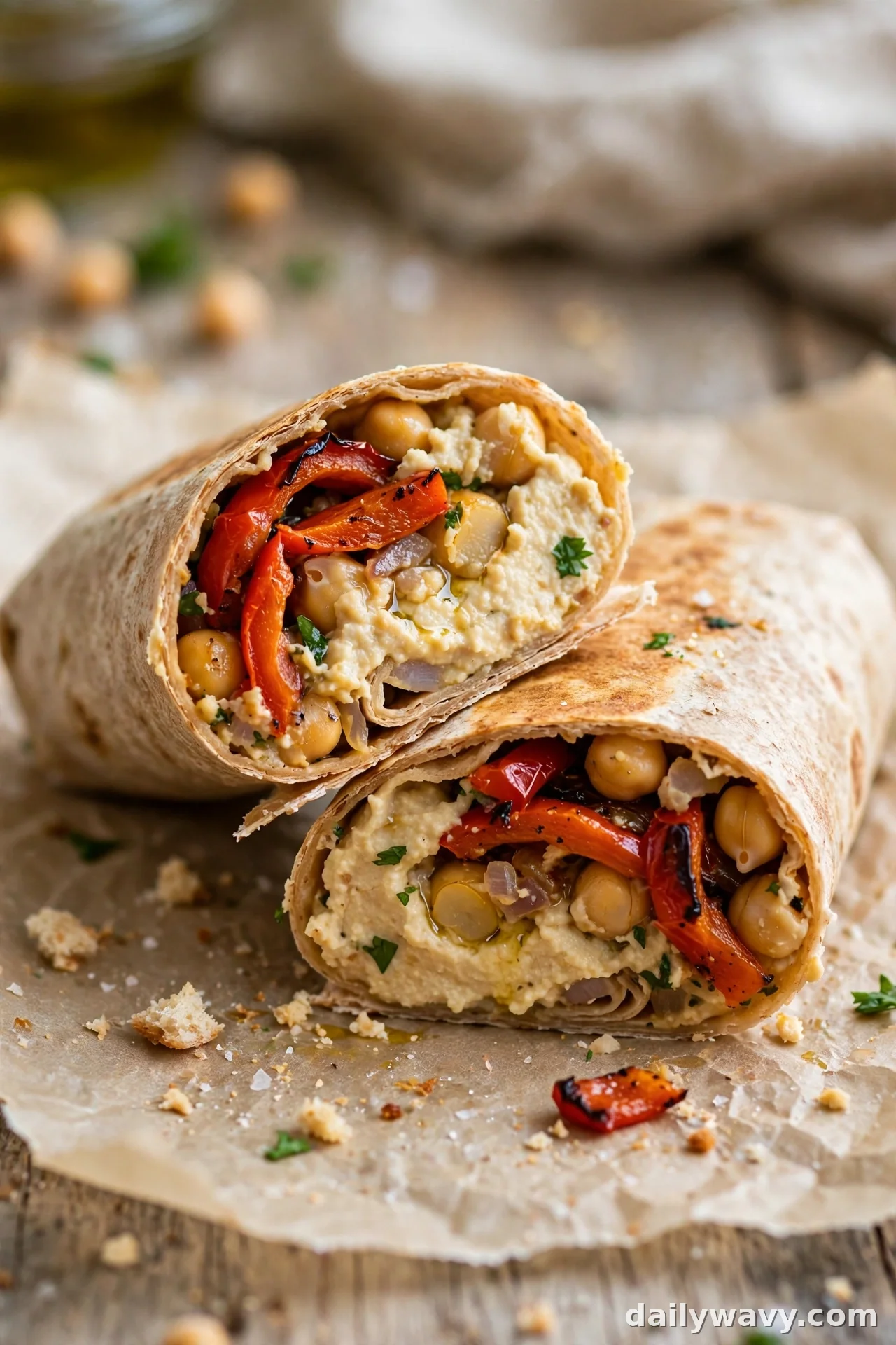 Chickpea wrap with roasted red peppers, hummus and whole chickpeas