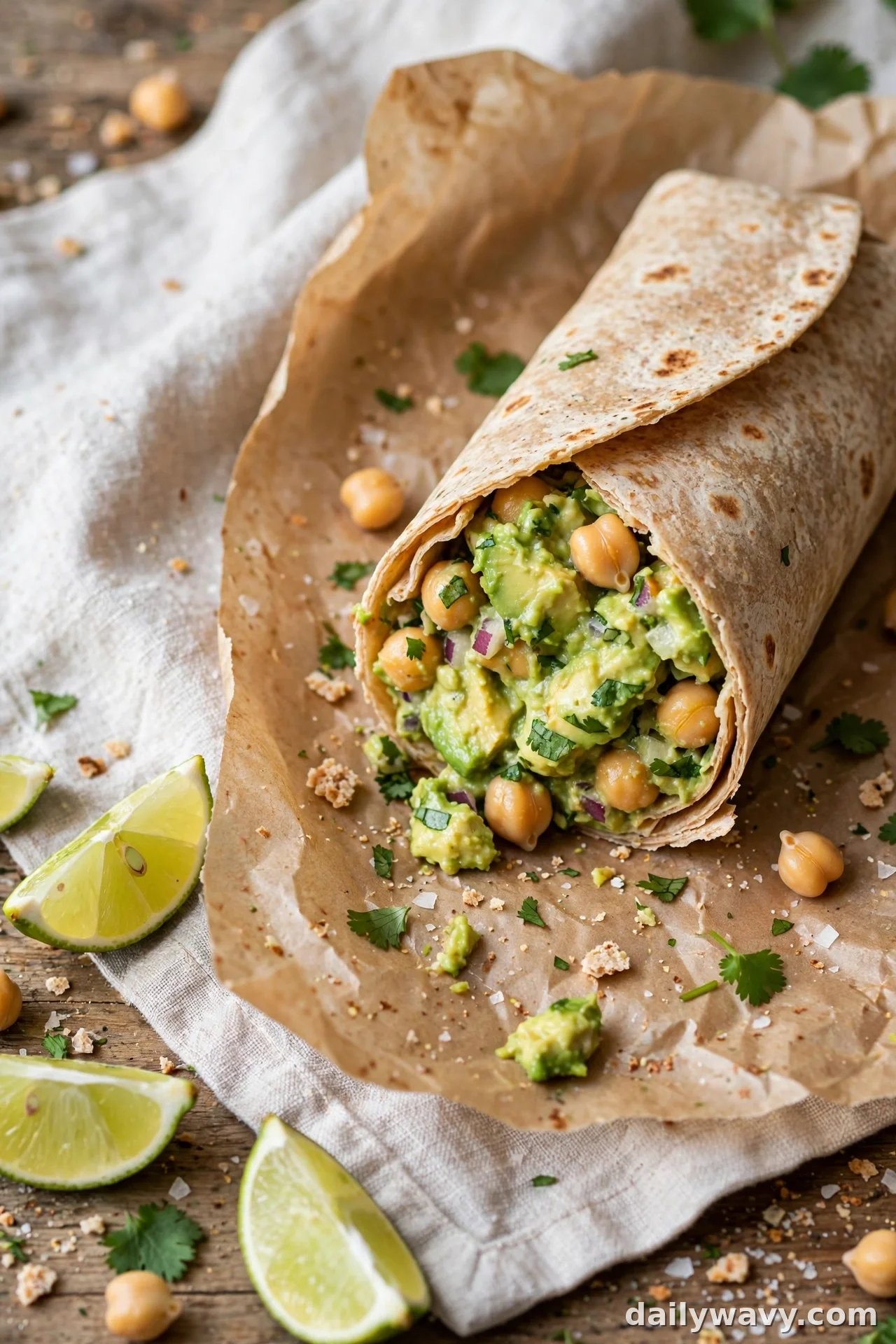 Chickpea wrap with creamy avocado, lime wedges and chickpea filling