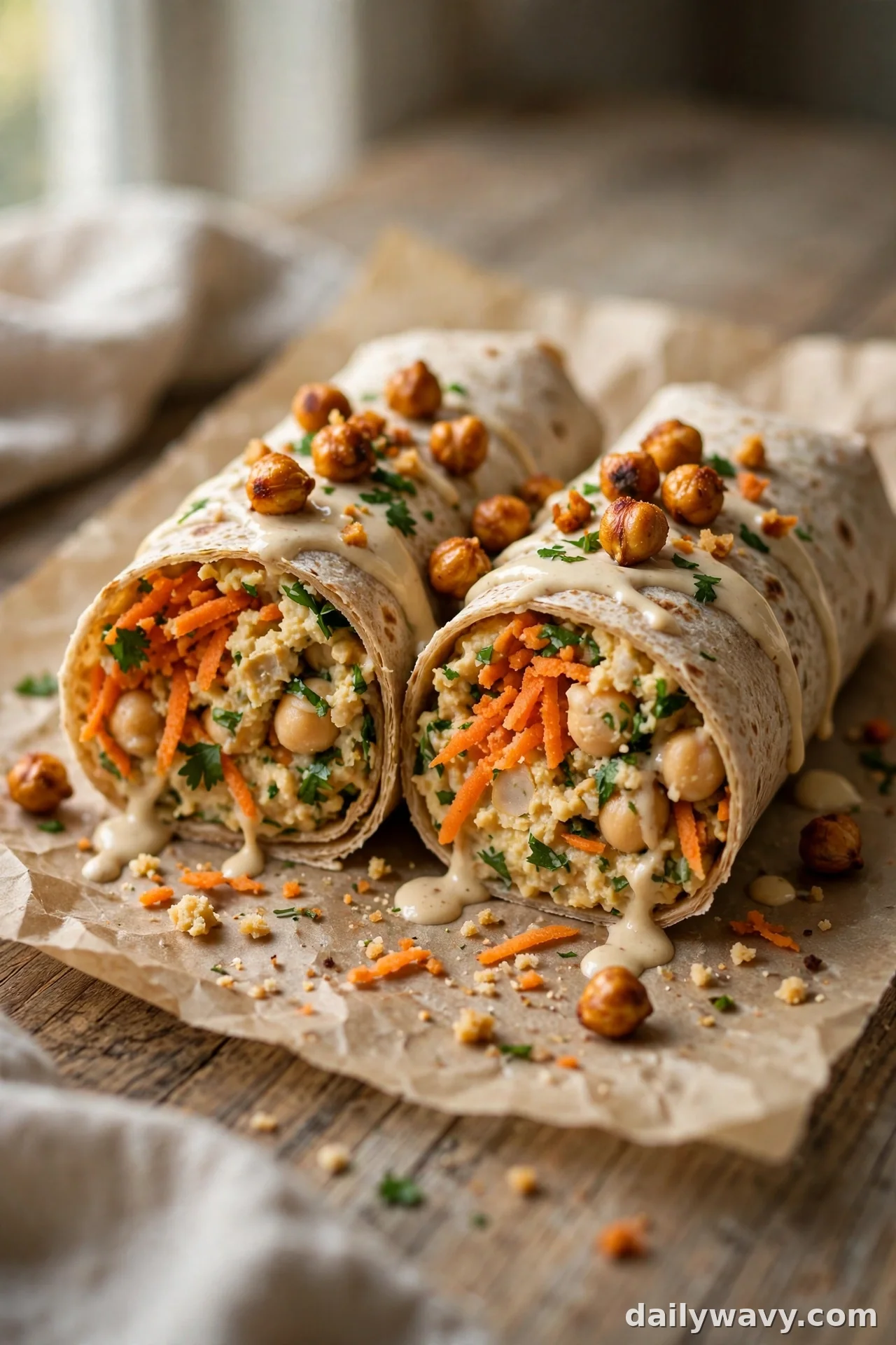 Chickpea wrap with grated carrot, tahini drizzle and crispy roasted chickpeas