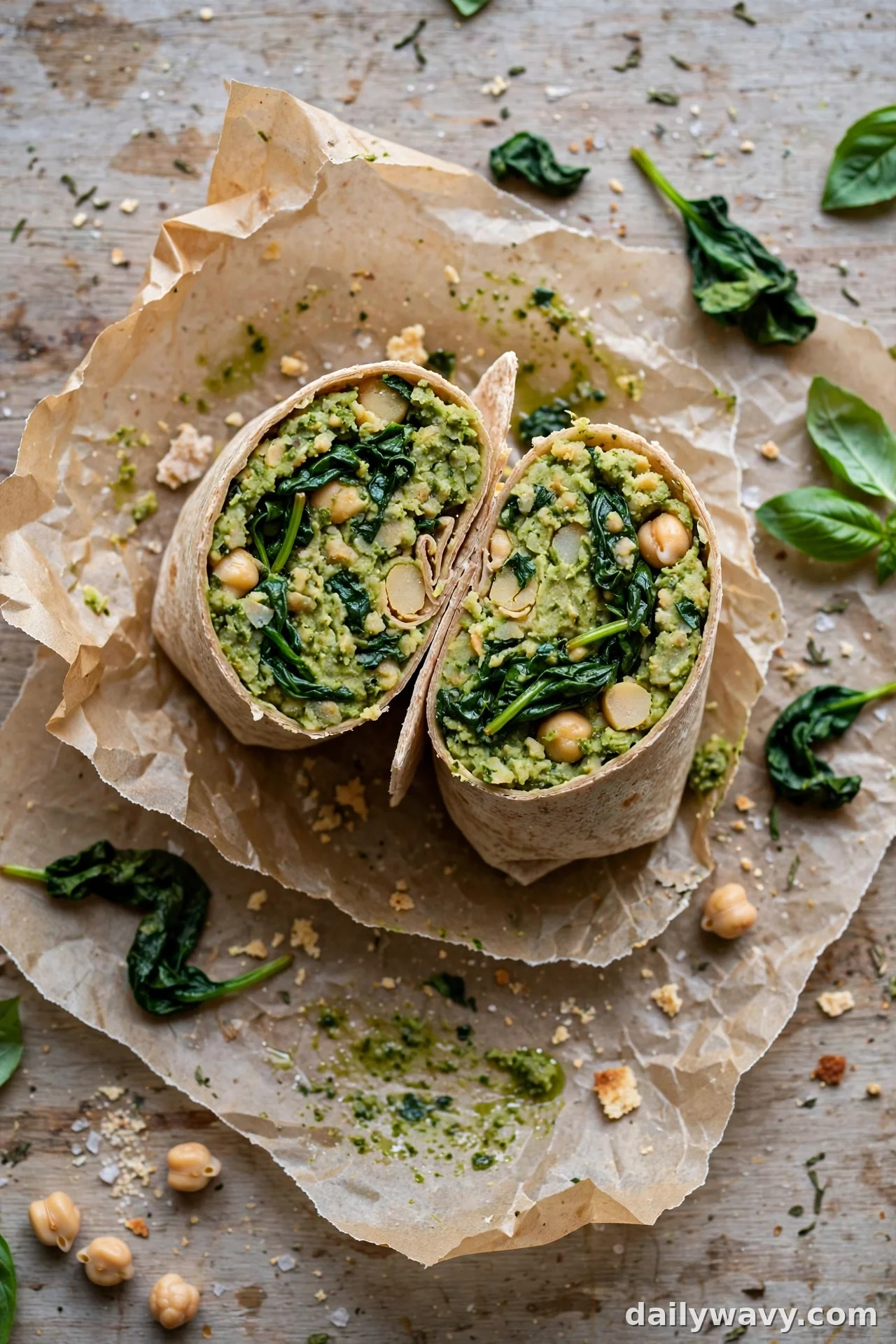 Overhead cut chickpea wrap with wilted spinach and green pesto filling