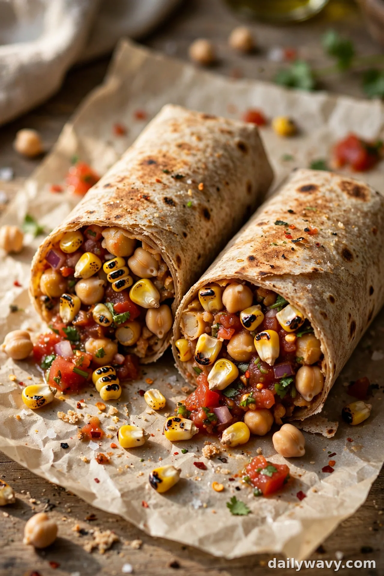 Chickpea wrap with charred corn kernels, salsa and chickpeas