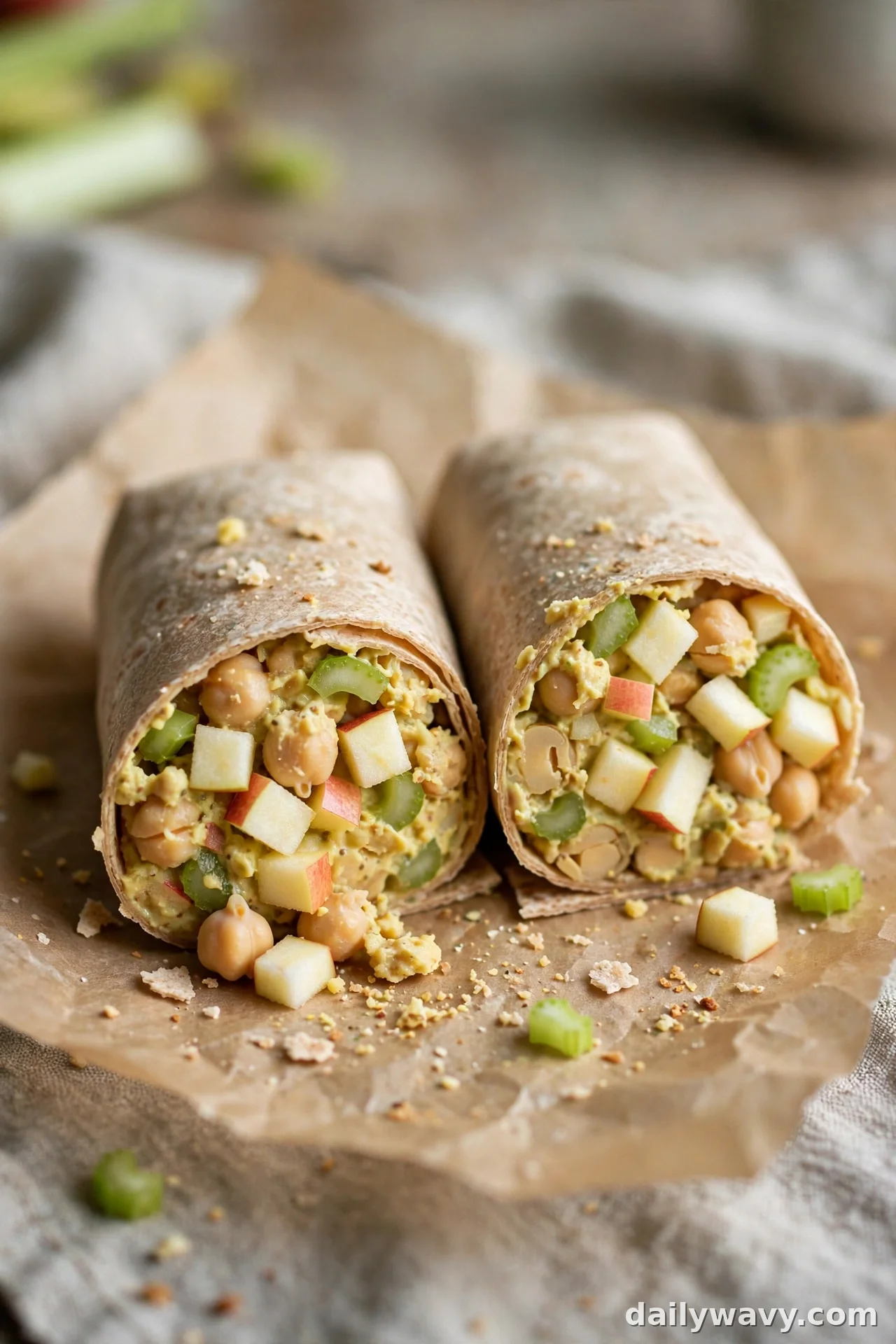 Chickpea wrap with diced apple, celery and mustard chickpea filling
