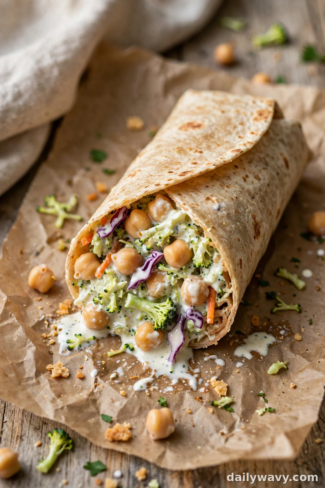 Chickpea wrap with broccoli slaw and ranch dressing