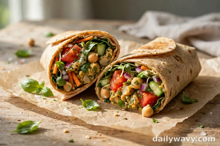 Chickpea wraps cut in half showing colorful chickpea, tomato and basil filling on parchment