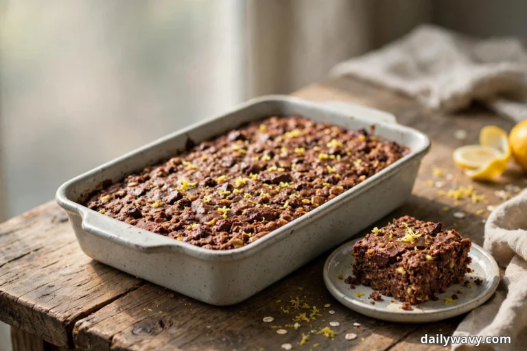 A ceramic baking dish of chocolate baked oatmeal flecked with lemon zest stands on a wooden table with one square served on a small plate beside it and halved lemons at the side