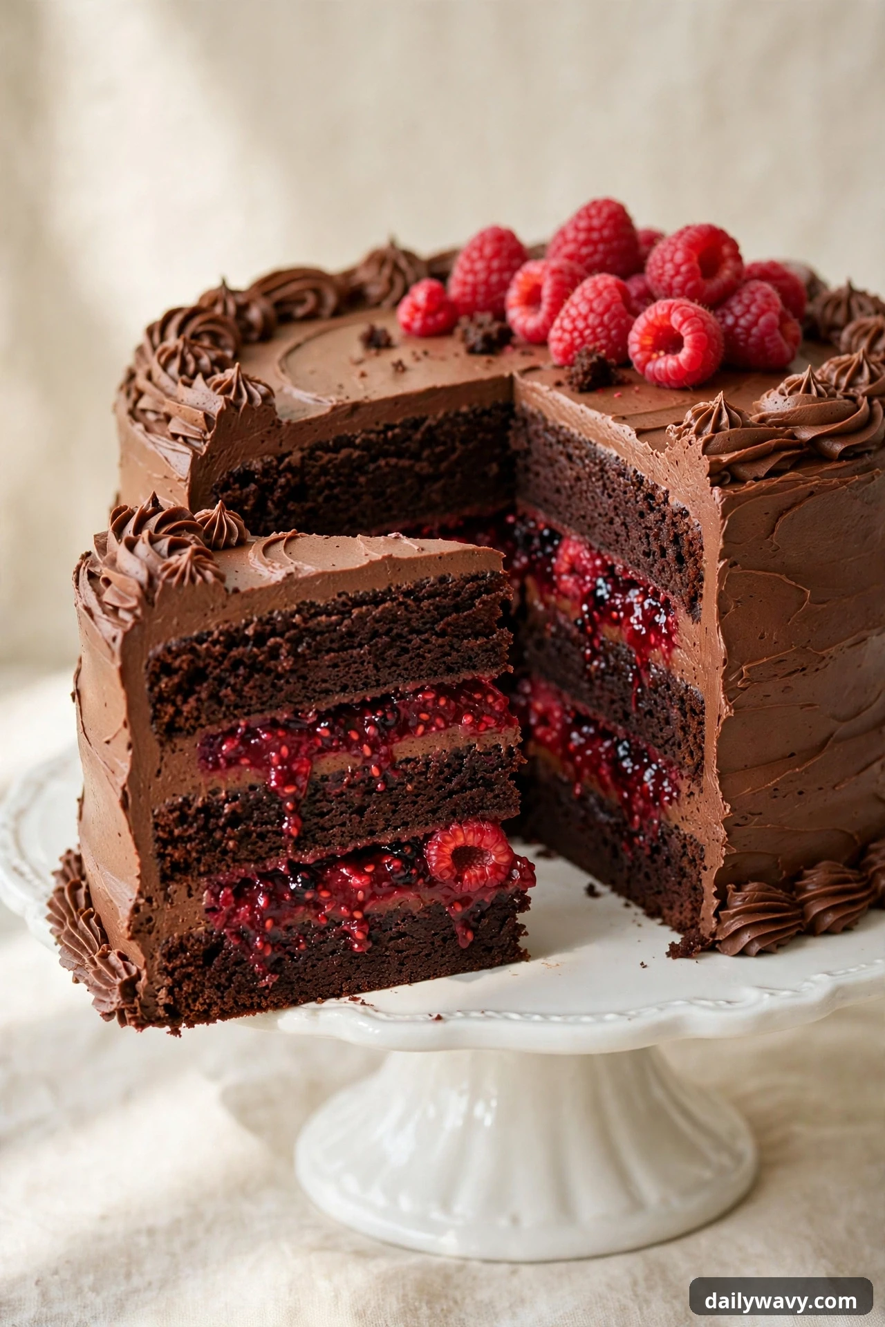 Sliced chocolate layer cake with berry filling showing red berry layers inside