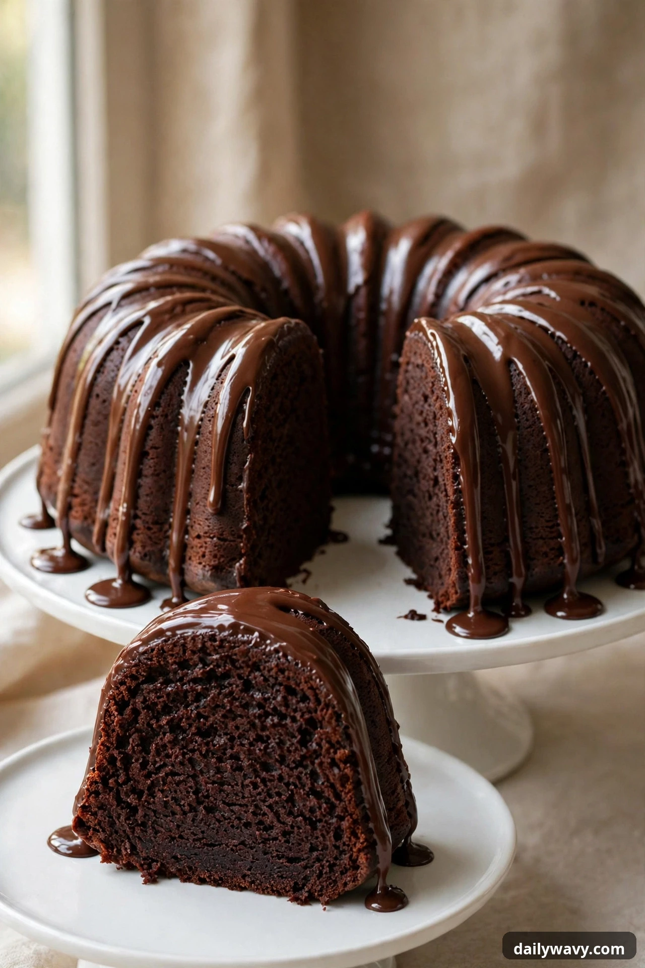 Chocolate bundt cake with glossy chocolate drizzle and a cut slice showing moist crumb