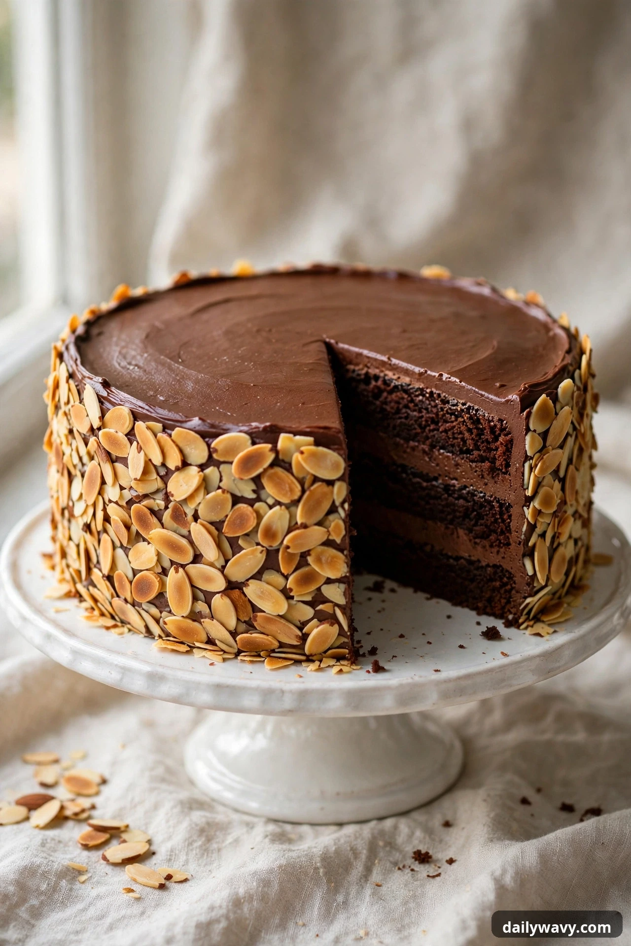 Chocolate cake with toasted almond crust on the sides and a cut slice