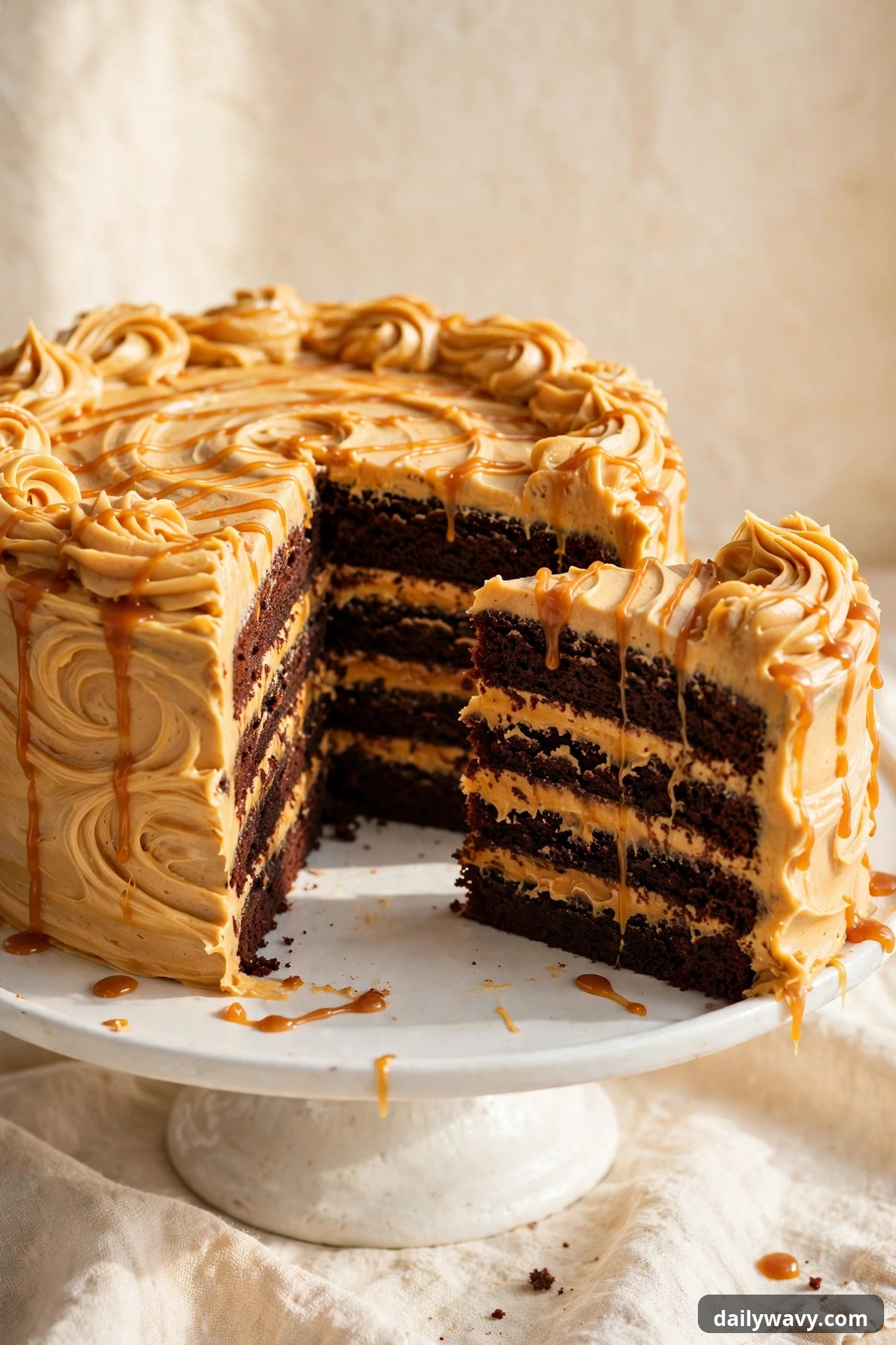 Chocolate cake with swirled caramel frosting and caramel drizzle on top