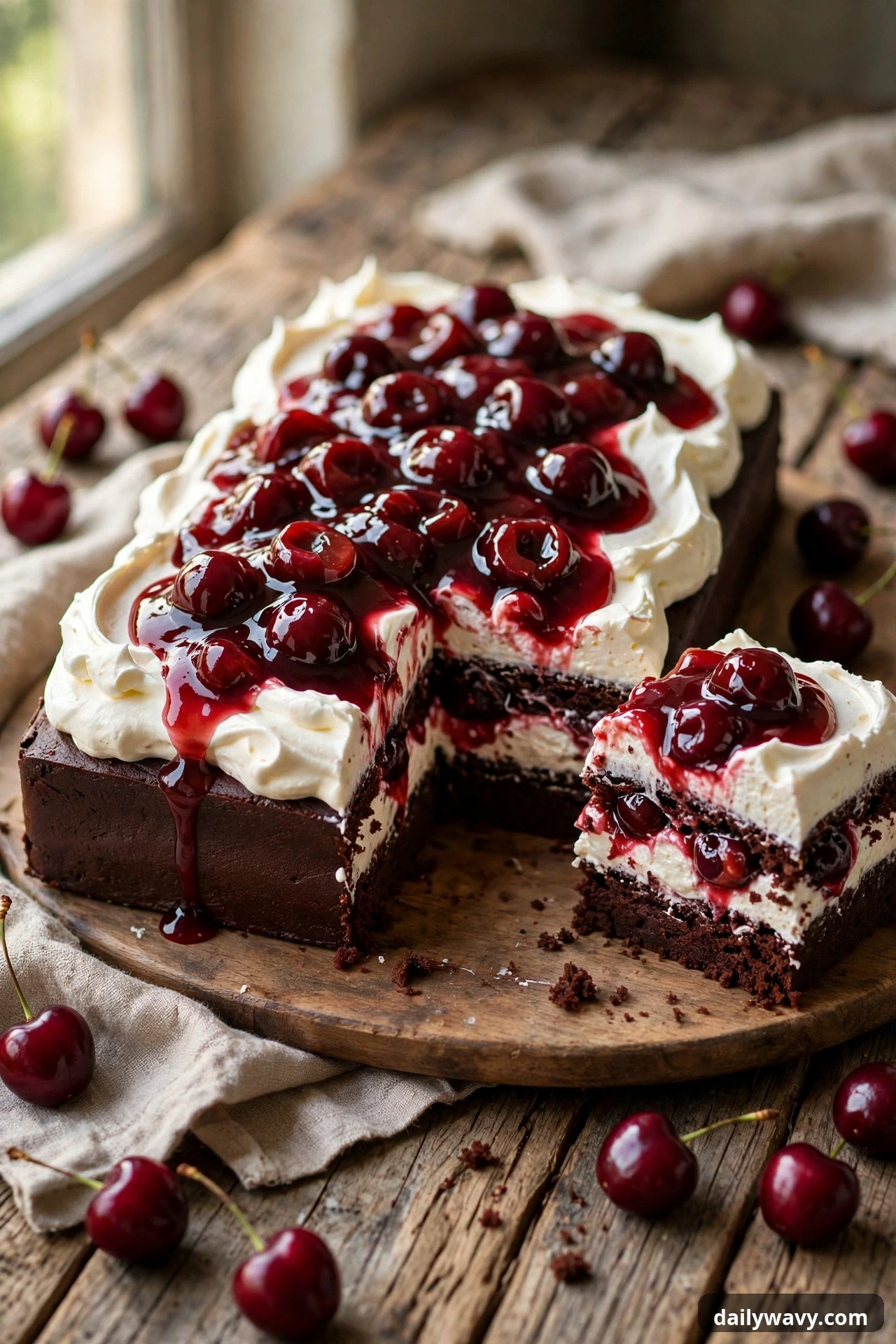 Chocolate sheet cake with whipped cream and glossy cherry compote topping
