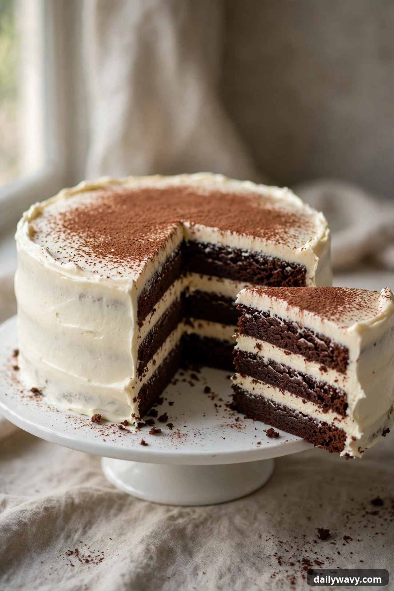 Chocolate cake with silky mascarpone frosting dusted with cocoa powder