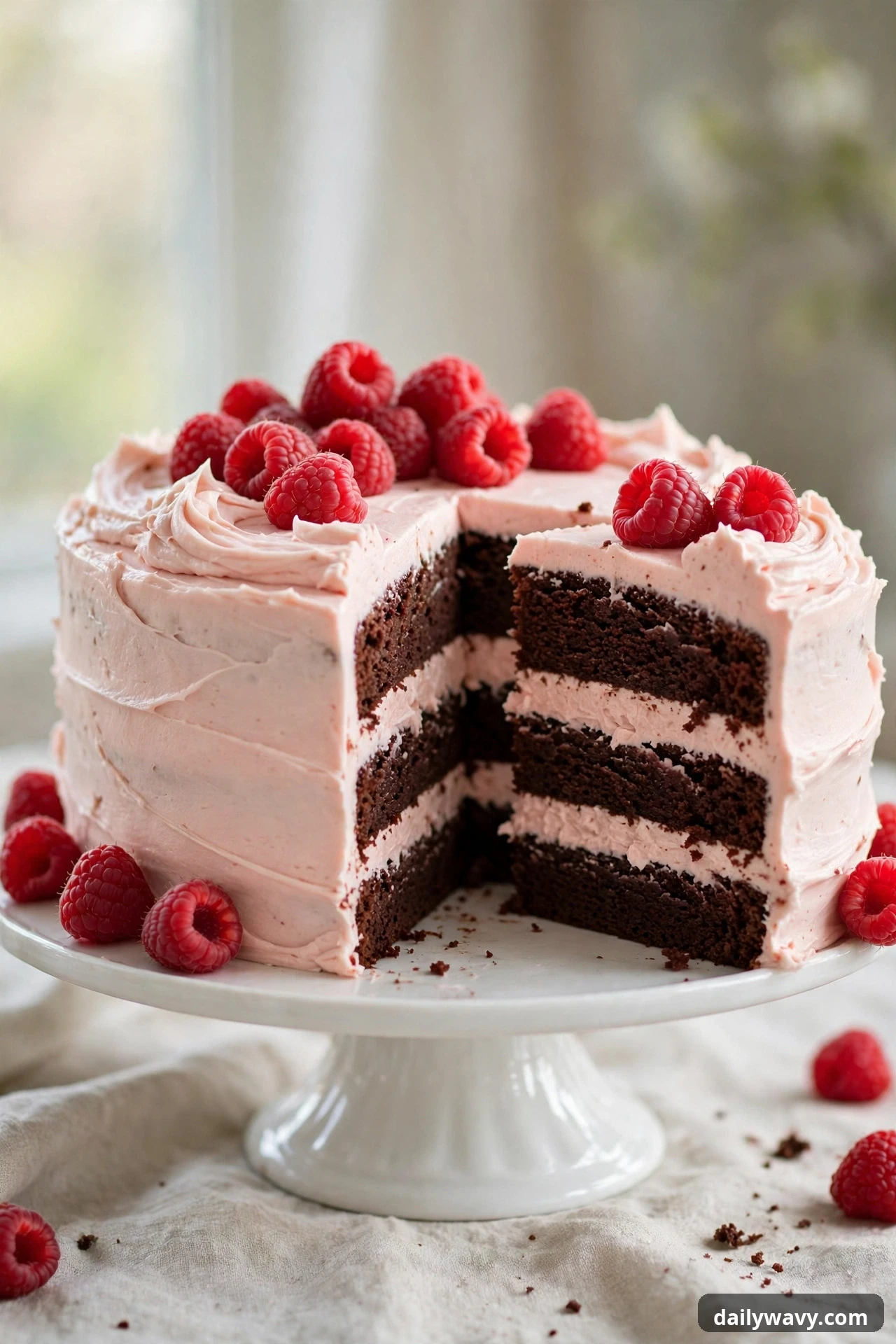 Chocolate cake with pink raspberry buttercream and fresh raspberries on top
