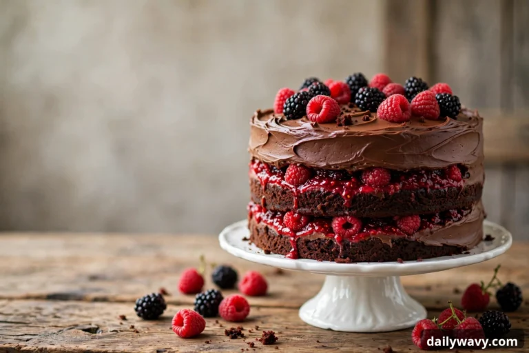 Tall chocolate layer cake with bright berry filling and chocolate buttercream on a cake stand, topped with fresh berries