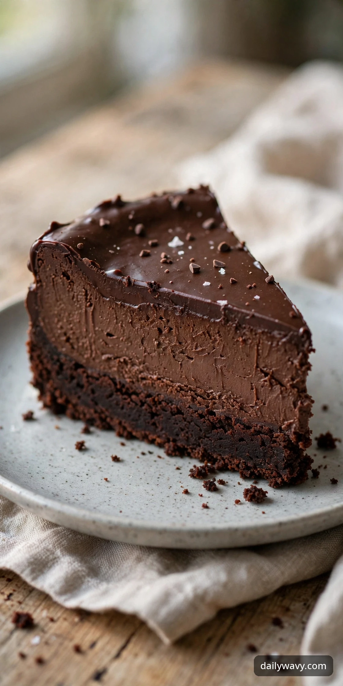 Chocolate cheesecake slice with a fudgy brownie base showing the crust and set filling