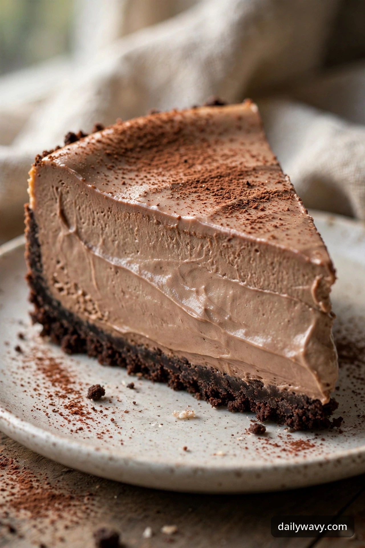 Silky chocolate mascarpone cheesecake slice dusted with cocoa