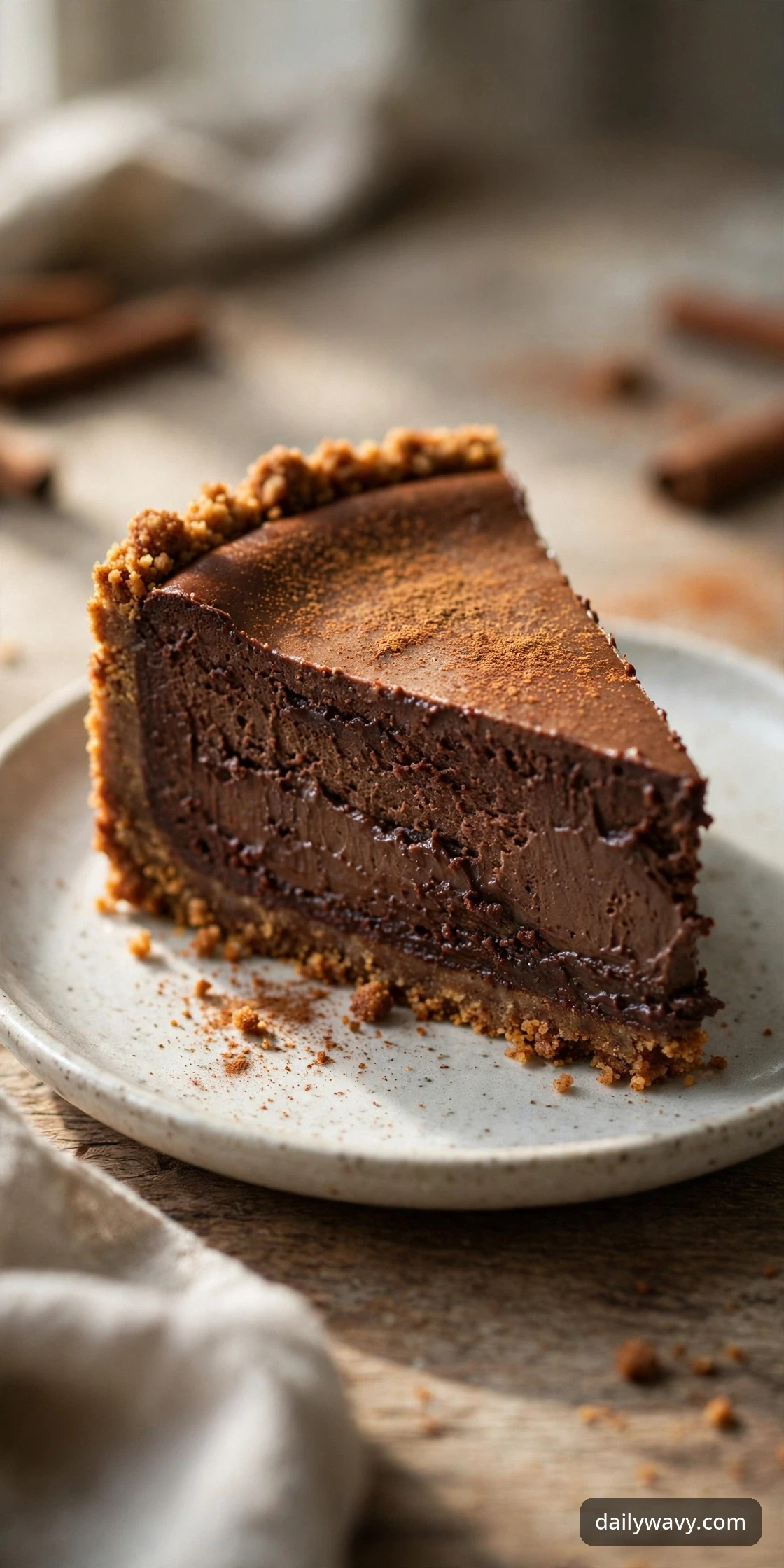 Chocolate cheesecake slice with a spiced cinnamon crust, dusted with cinnamon