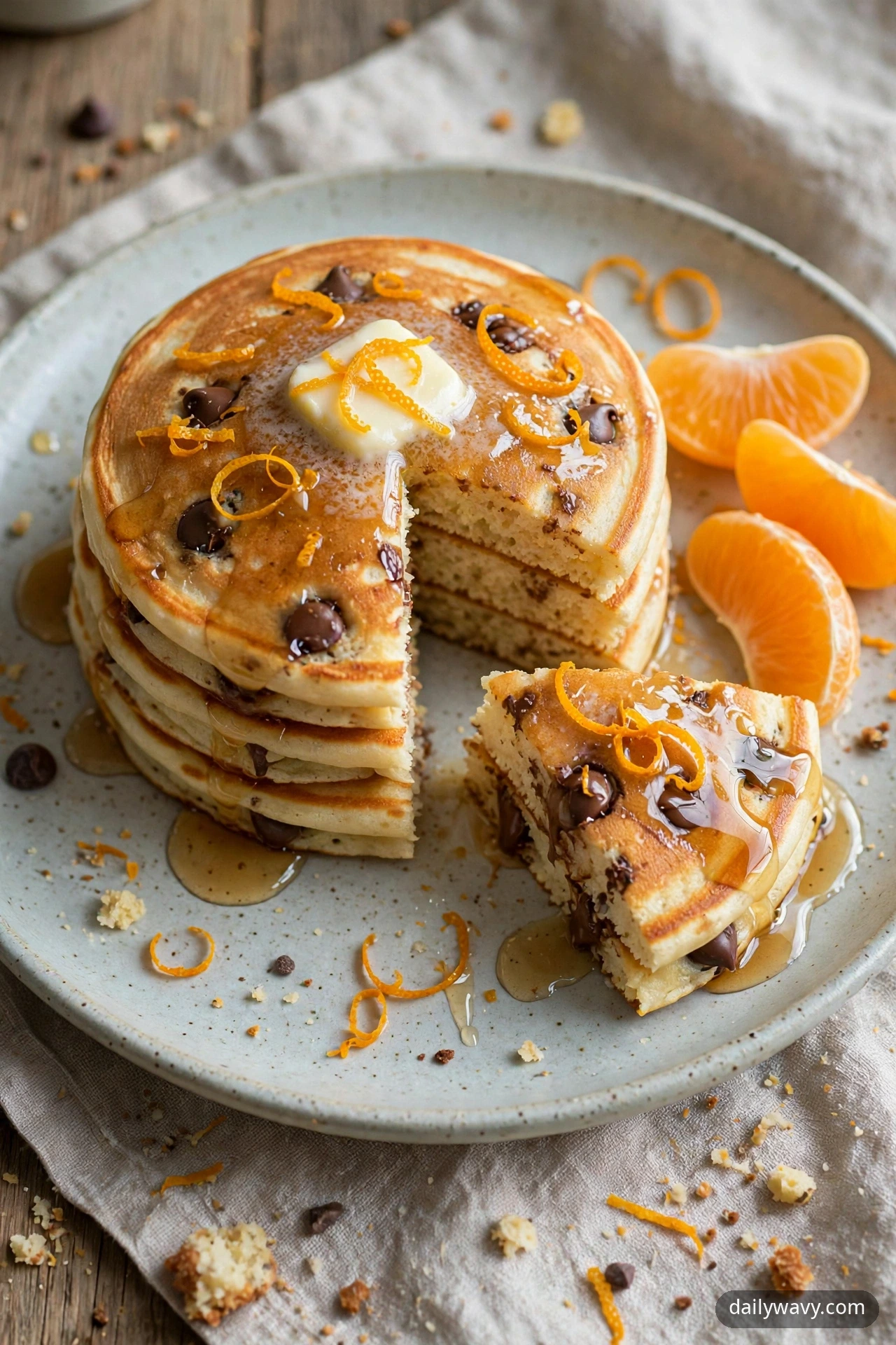 A closer view of a chocolate chip pancake stack with a slice cut out, topped with melting butter and curls of fresh orange zest, with orange segments beside the stack and maple syrup drizzled over it on a ceramic plate.