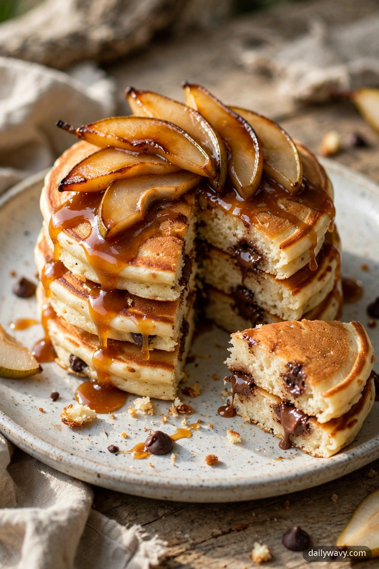 A stack of chocolate chip pancakes with a slice cut out, topped with fanned caramelized pear slices and glossy amber glaze dripping down the sides of the stack.