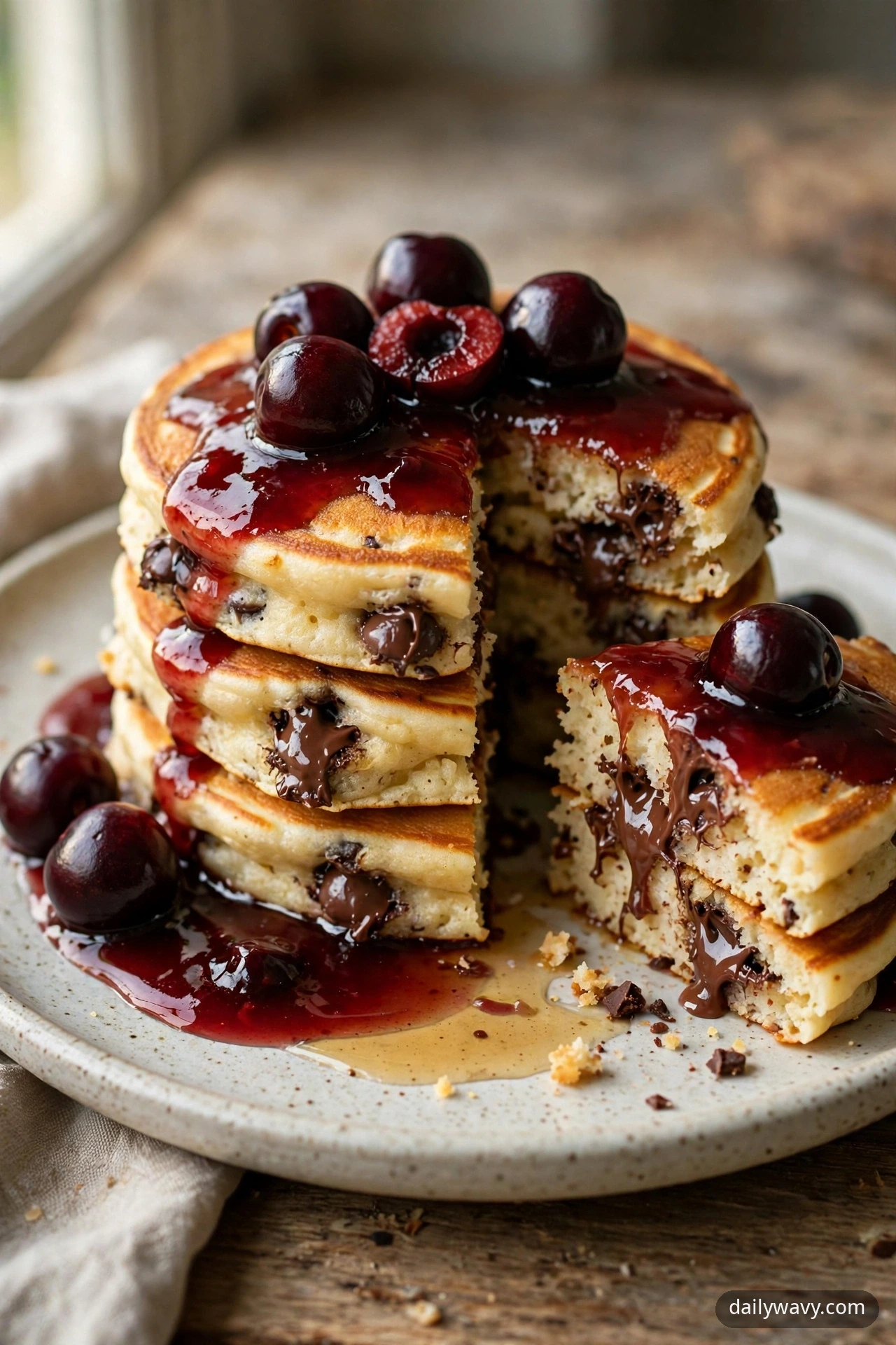 A stack of chocolate chip pancakes with a slice cut out, spooned over with glossy warm cherry sauce and crowned with whole dark cherries, one halved to show its pit cavity.