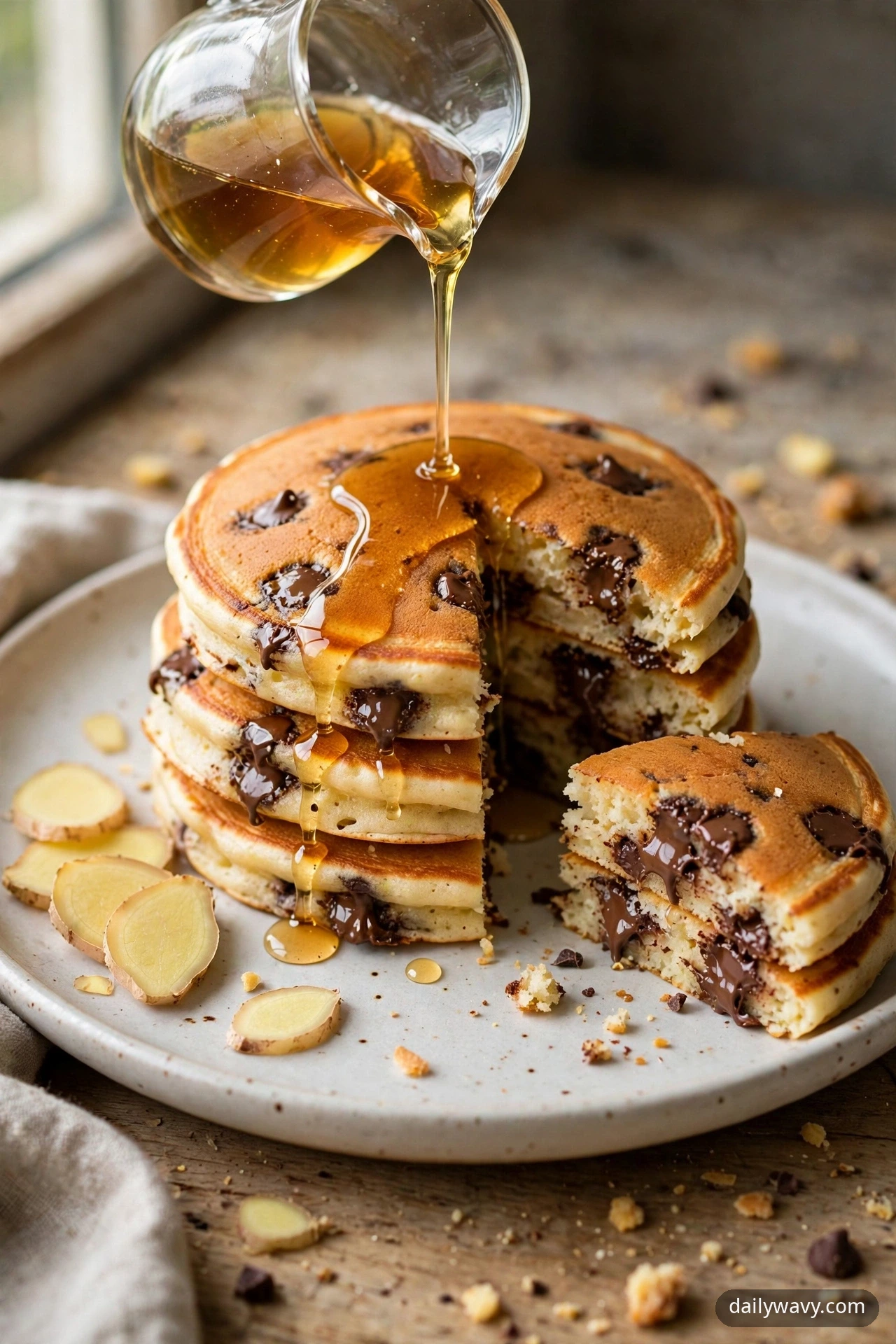 Golden ginger syrup being poured from a small glass pitcher over a stack of chocolate chip pancakes, with sliced fresh ginger scattered on the plate beside the stack.