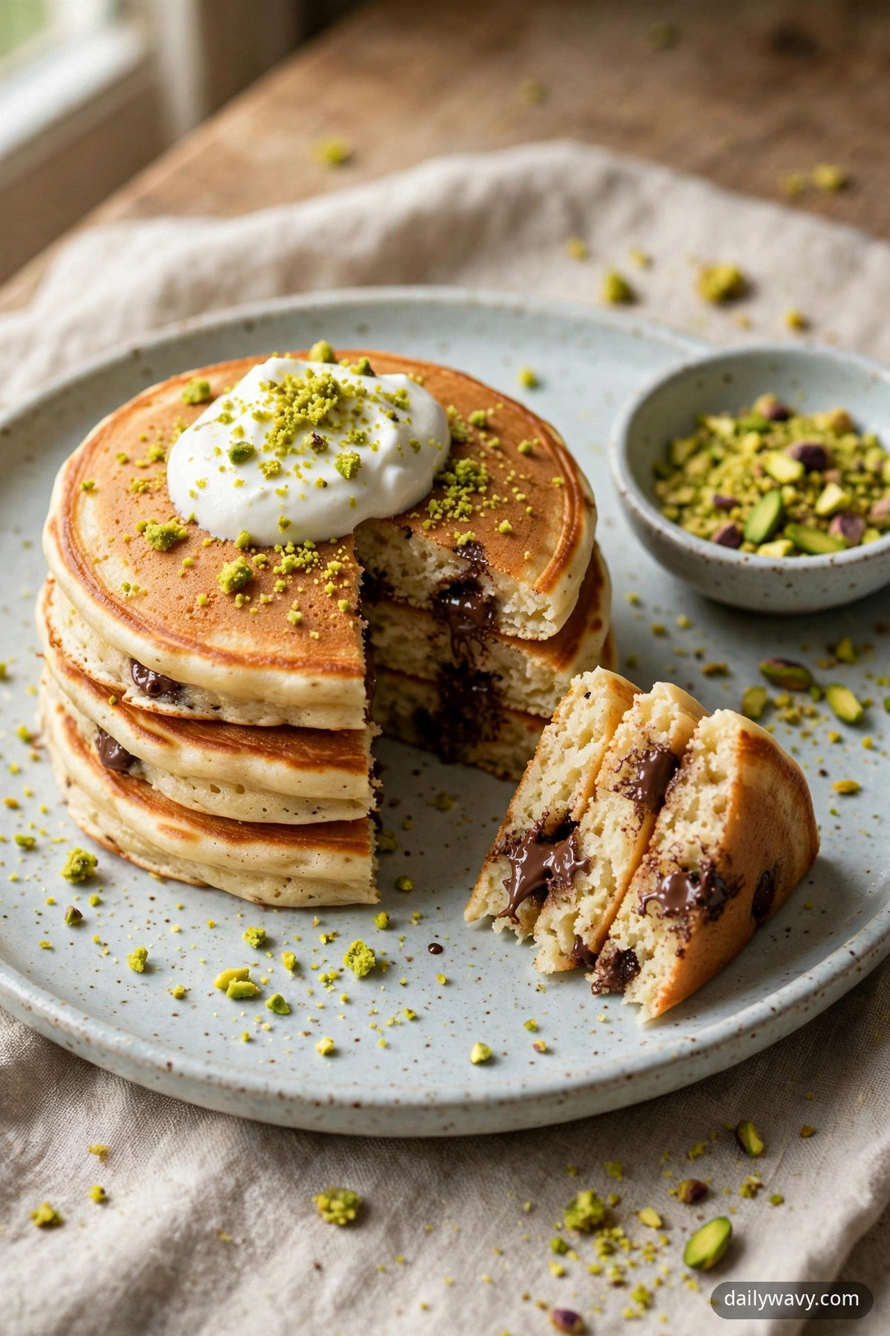 A stack of chocolate chip pancakes with a cut wedge beside it, topped with a yogurt dollop and crushed green pistachio crumbs, with a small bowl of crushed pistachios on the plate.
