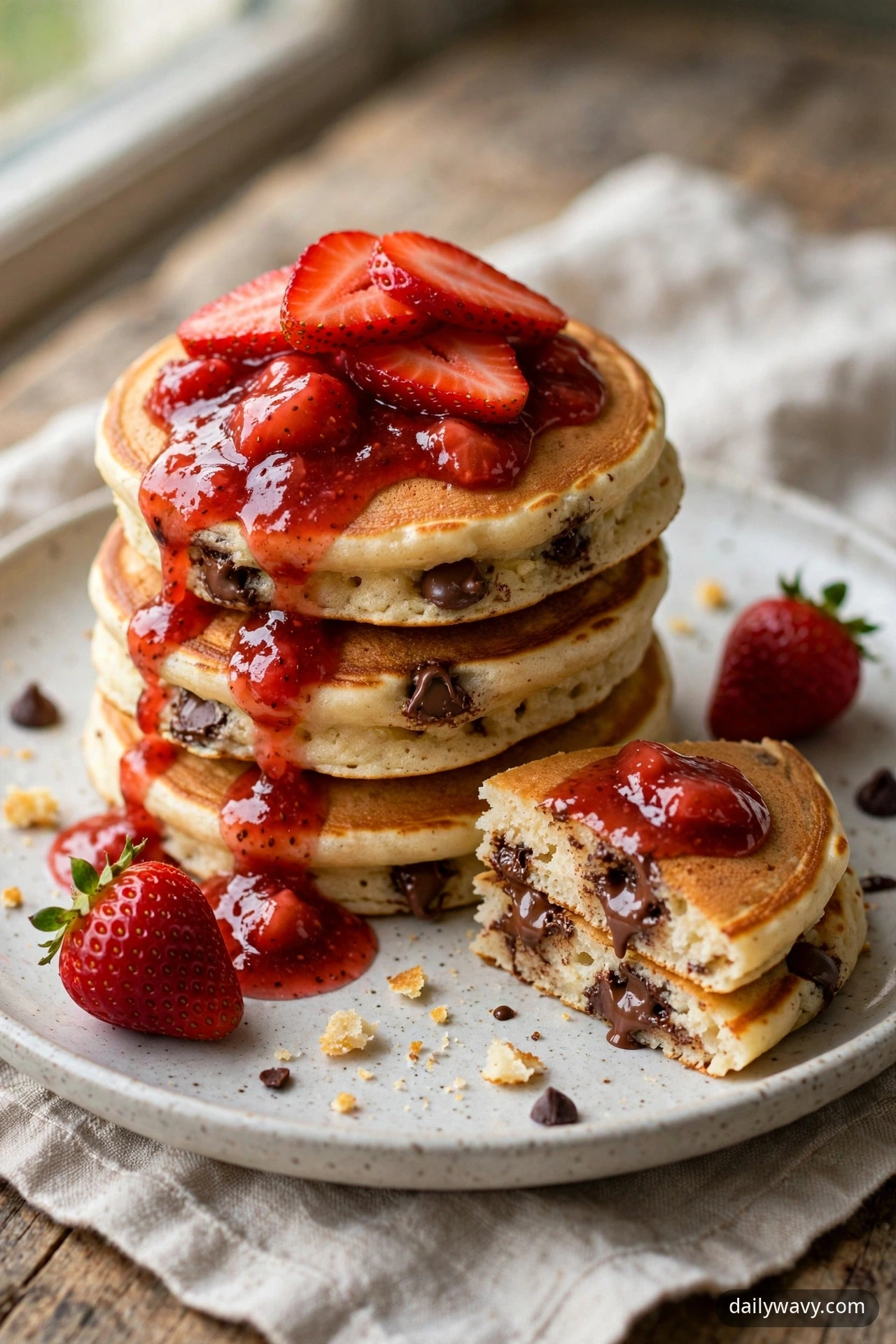 A stack of chocolate chip pancakes with a sauced wedge cut out, spooned over with warm strawberry sauce and sliced strawberries, with whole fresh strawberries on the plate.