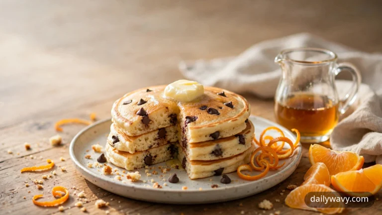 A stack of chocolate chip pancakes with orange zest, melting butter and maple syrup on a ceramic plate in warm window light.