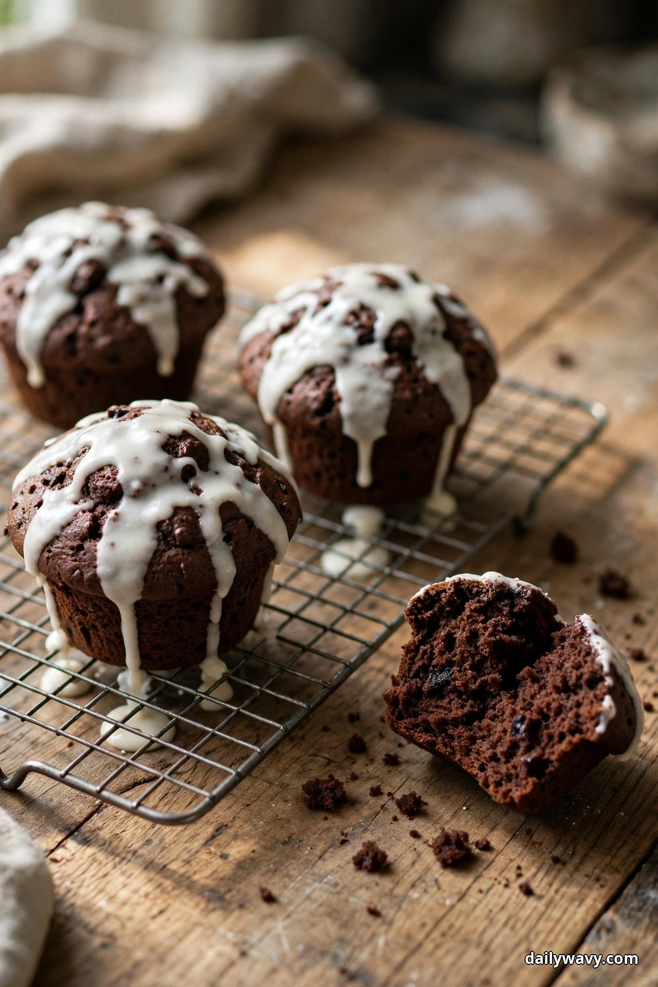 Three chocolate muffins drizzled with white vanilla glaze cool on a wire rack on a wooden table, with a fourth muffin split open on the table in front showing the crumb