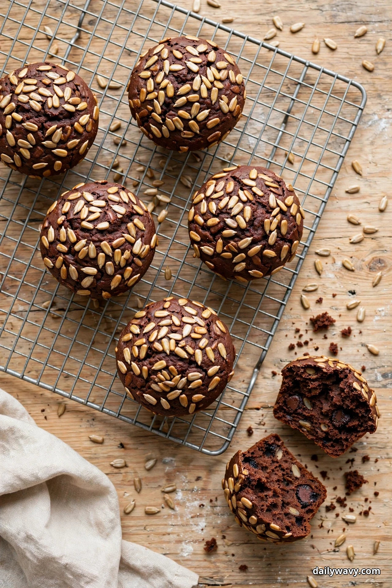 Seen from directly above, chocolate muffins covered with toasted sunflower seeds cool on a wire rack, with one muffin split into two halves on the wooden table beside the rack and seeds scattered around