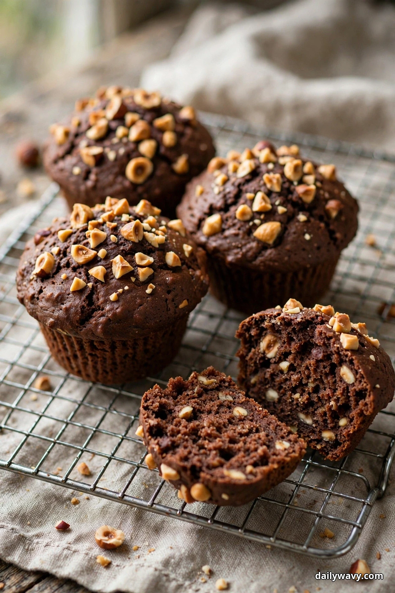 A close view shows chocolate muffins topped with chopped hazelnuts on a wire cooling rack, with one muffin split open to show hazelnut pieces throughout the crumb