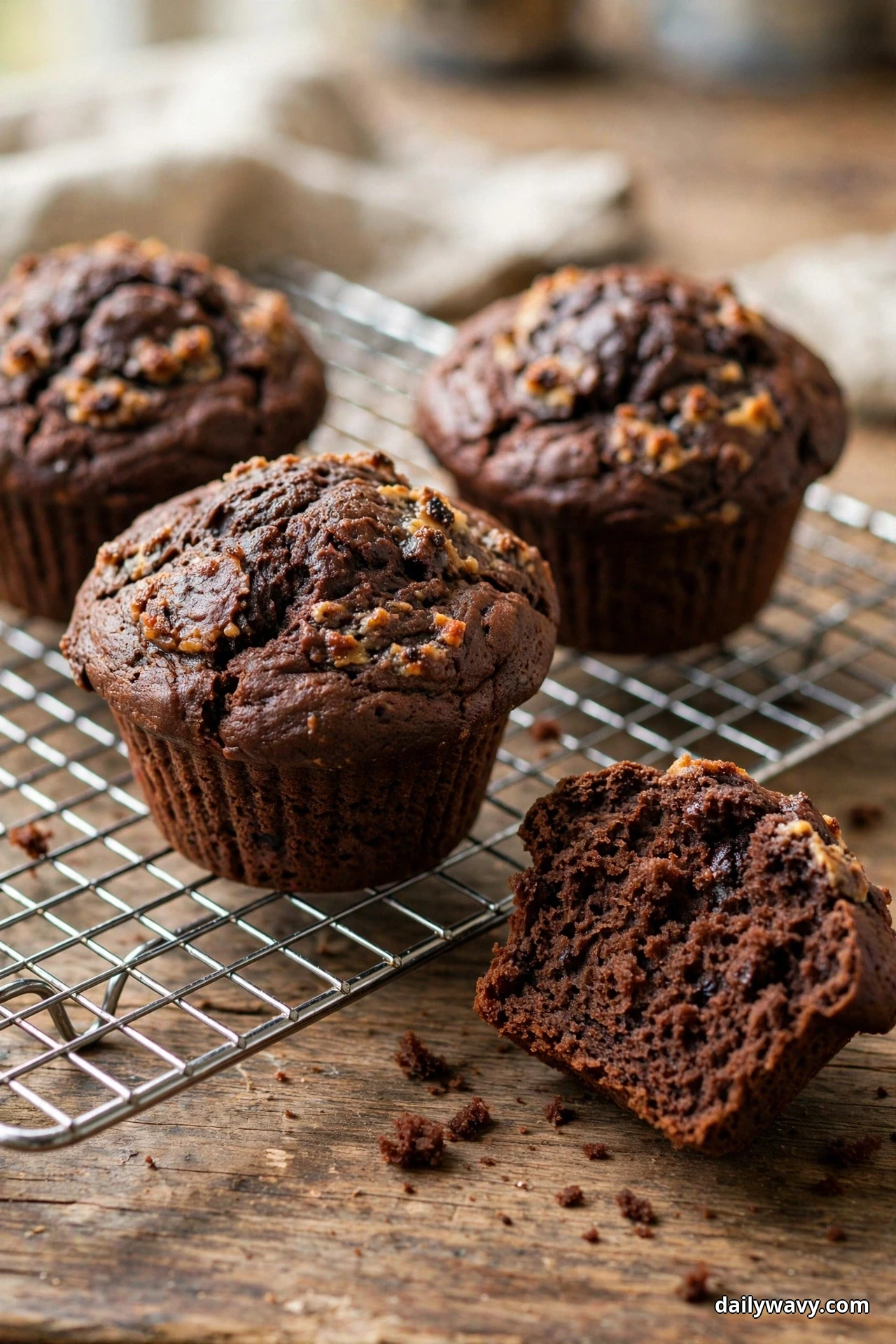 Chocolate muffins with plain domed tops cool on a wire rack over a wooden table, with one muffin split open on the table in front showing the tender crumb