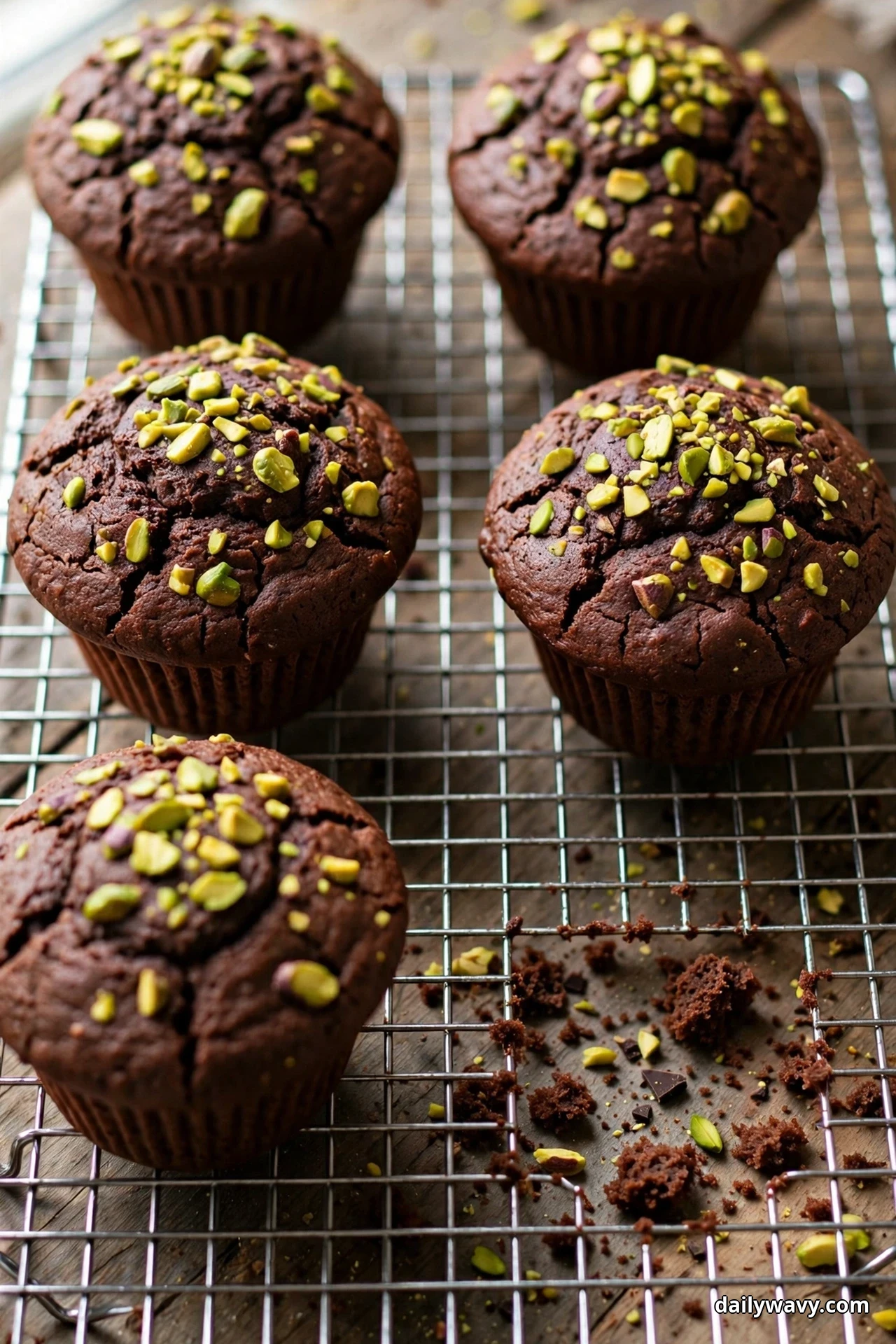 Chocolate muffins topped with chopped green pistachios cool on a wire rack seen from a slightly elevated angle, with muffin crumbs scattered on the rack where one muffin was removed