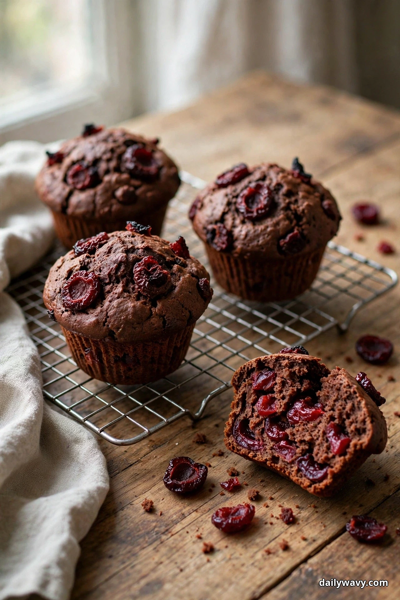 Chocolate muffins studded with dried cherries cool on a wire rack by a window, with one muffin split open on the wooden table showing cherries throughout the crumb