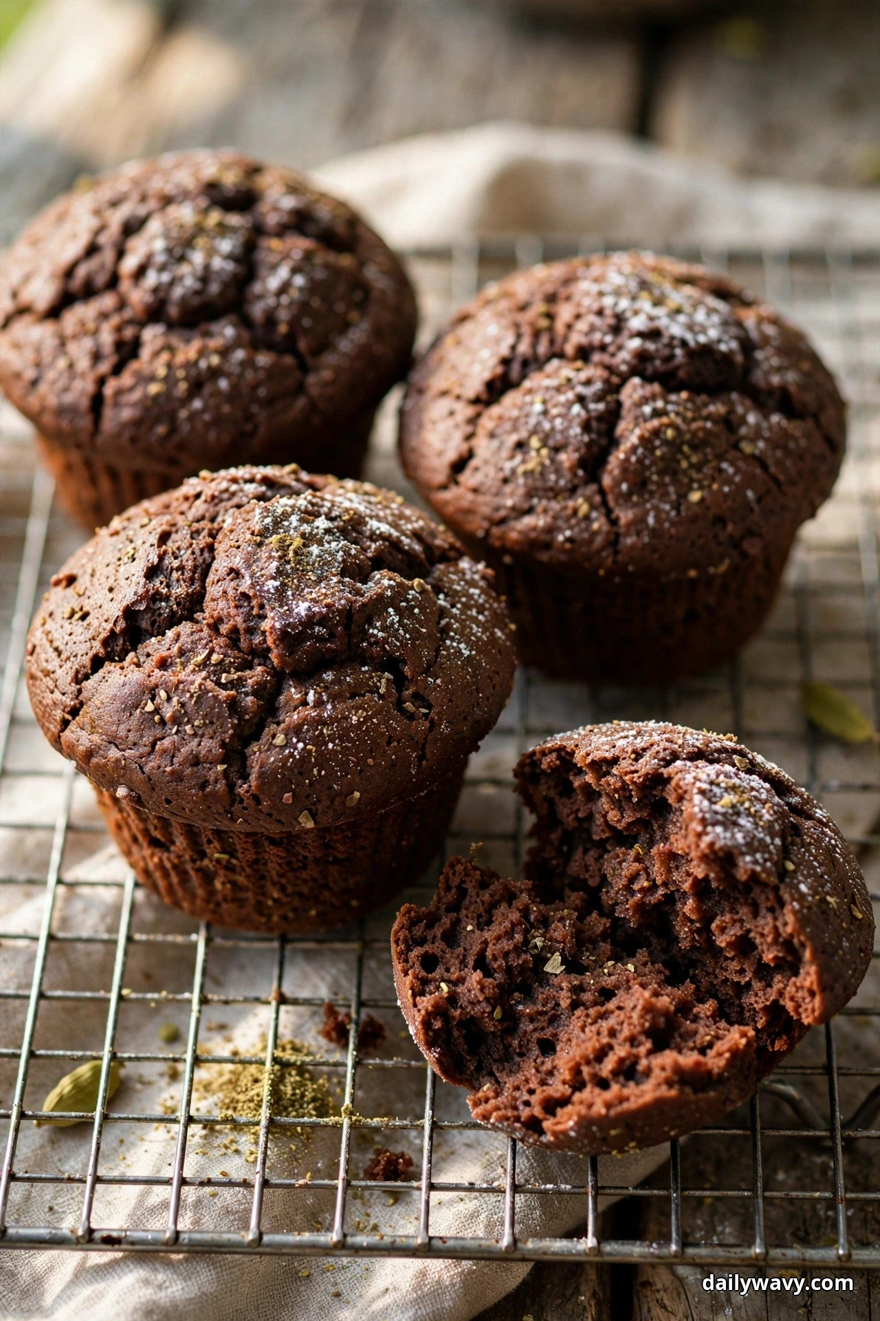 A close view shows chocolate muffins with cracked tops dusted with powdered sugar on a wire cooling rack, with one muffin torn open in front showing the dark crumb