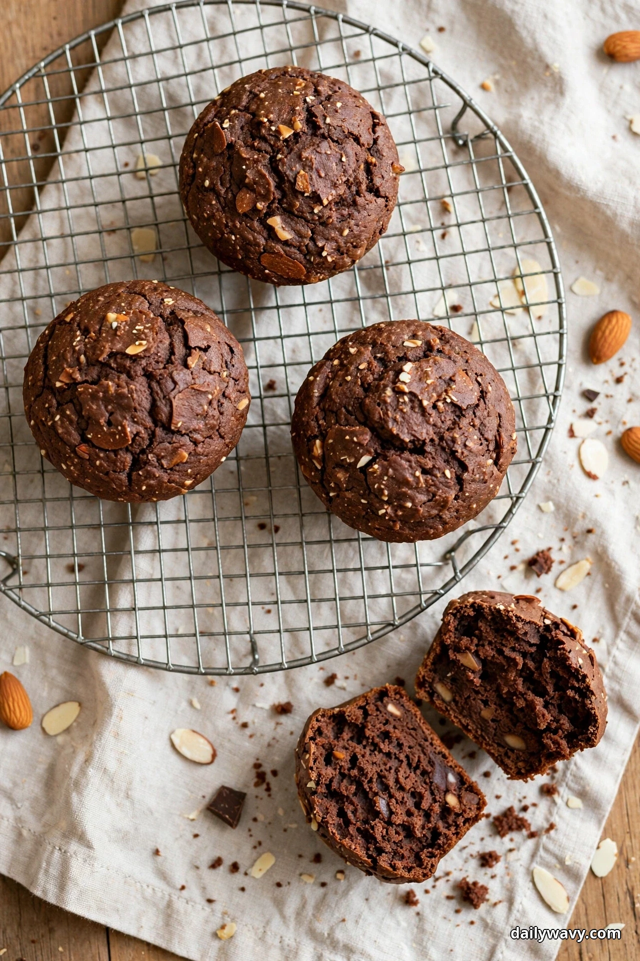 Seen from above, chocolate muffins flecked with almond slices cool on a round wire rack over a linen cloth, with one muffin split in two halves on the cloth below