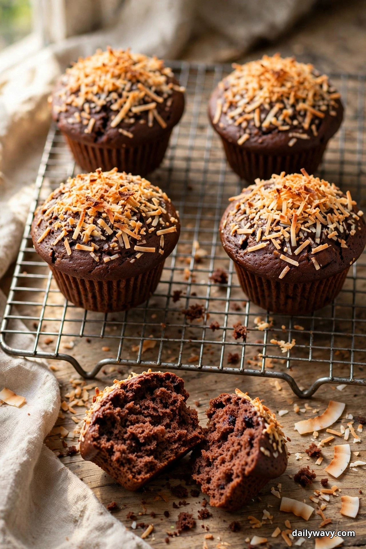 Chocolate muffins covered with toasted shredded coconut cool on a wire rack, with one muffin split in two halves on the wooden table below showing the crumb and coconut flakes scattered around